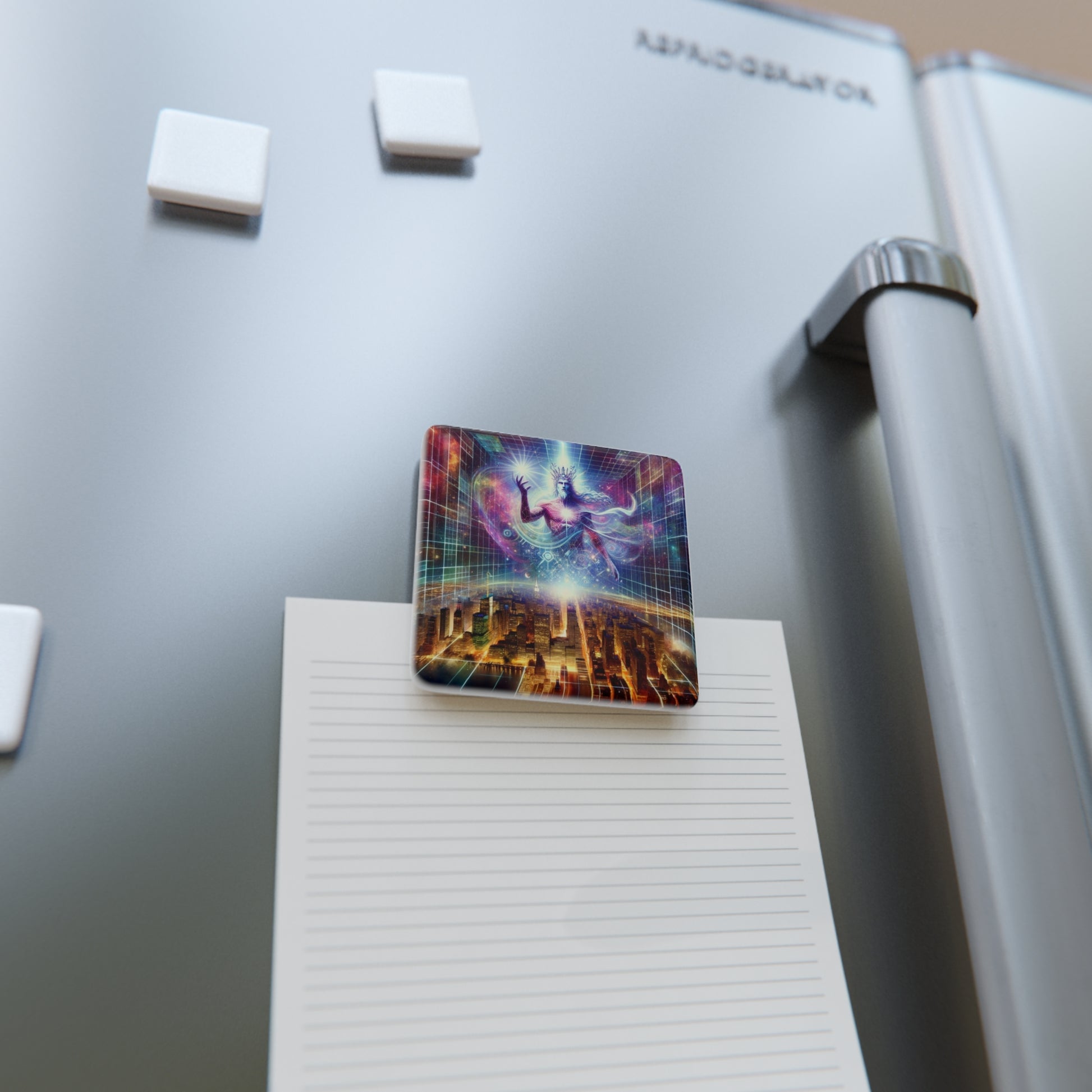 The Awakening Magnet holding a note on a refrigerator, combining function with artistic flair.