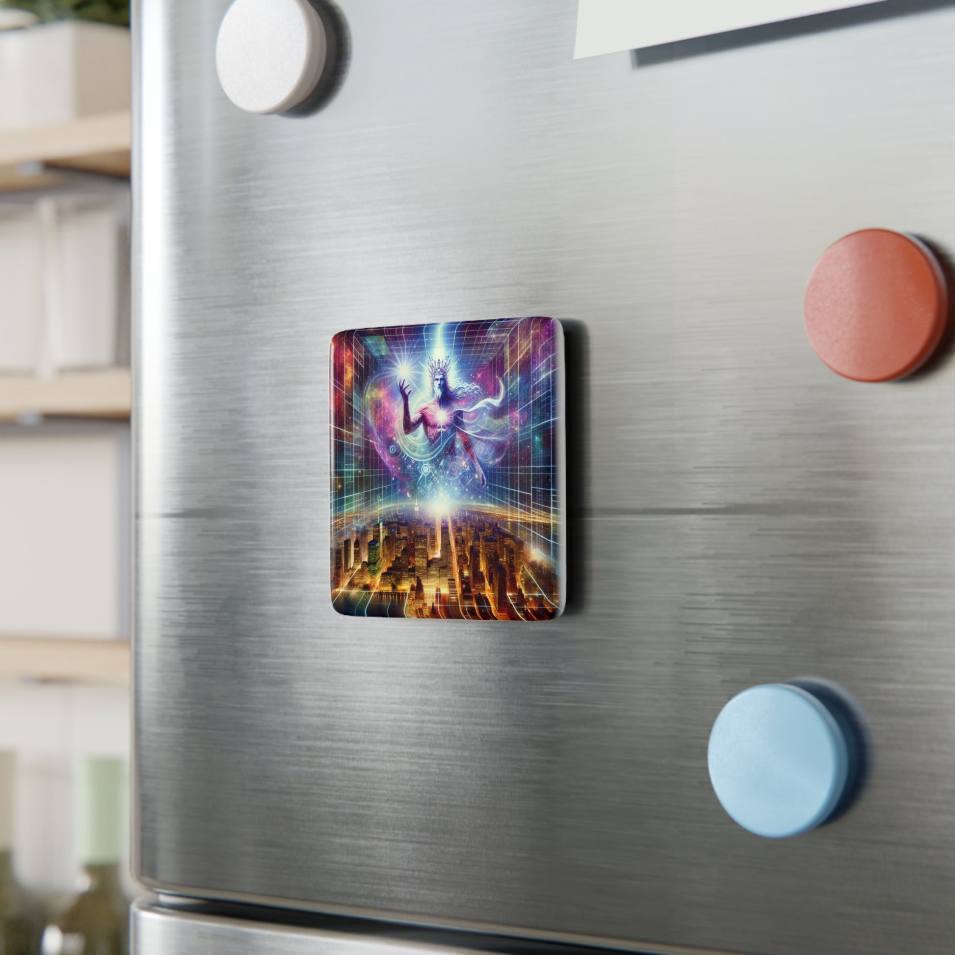 The Awakening Magnet attached to a metallic surface, showcasing its durable hold and artistic design.