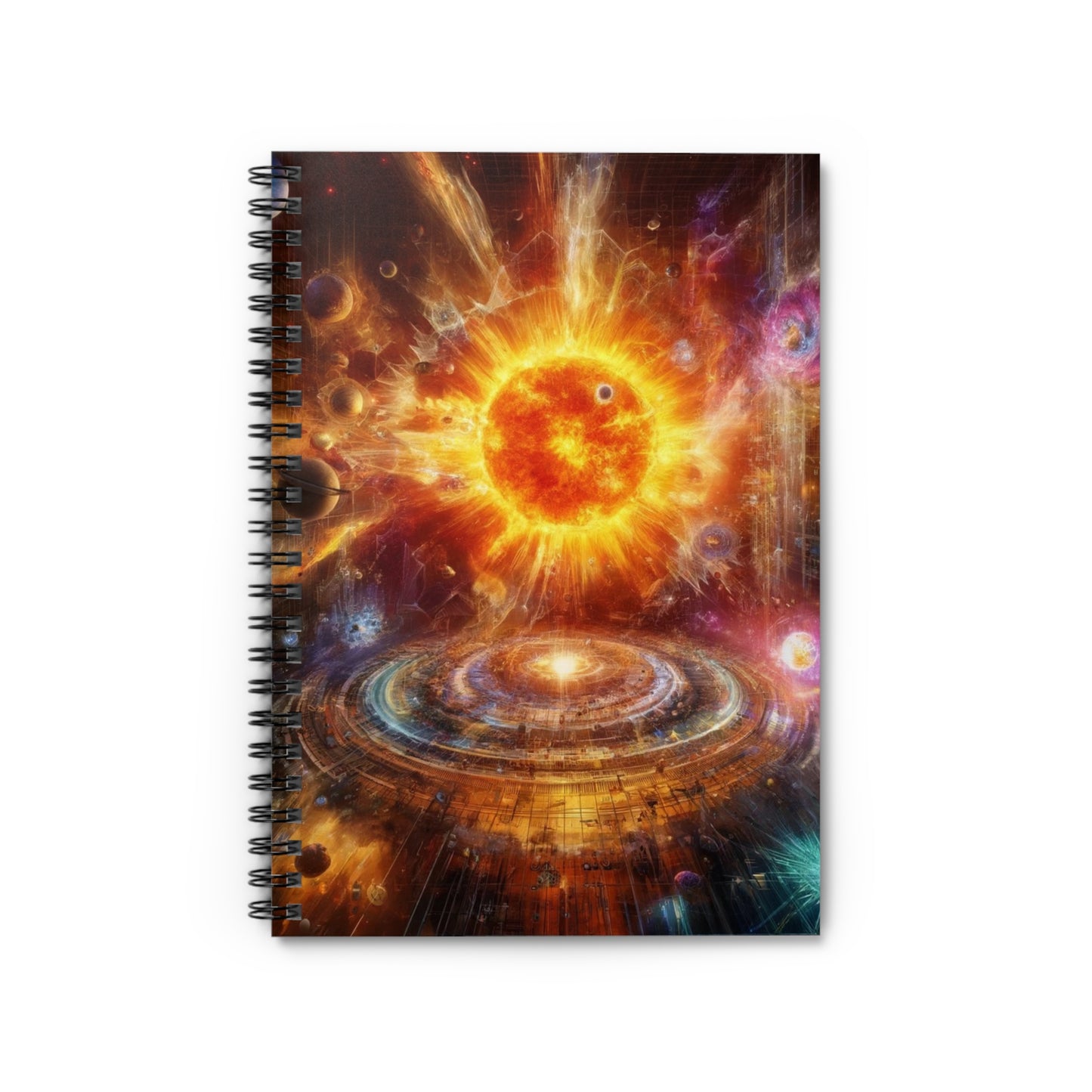 Caged Sun Notebook artistic cover featuring spiritual symbolism and vibrant design, perfect for journaling.