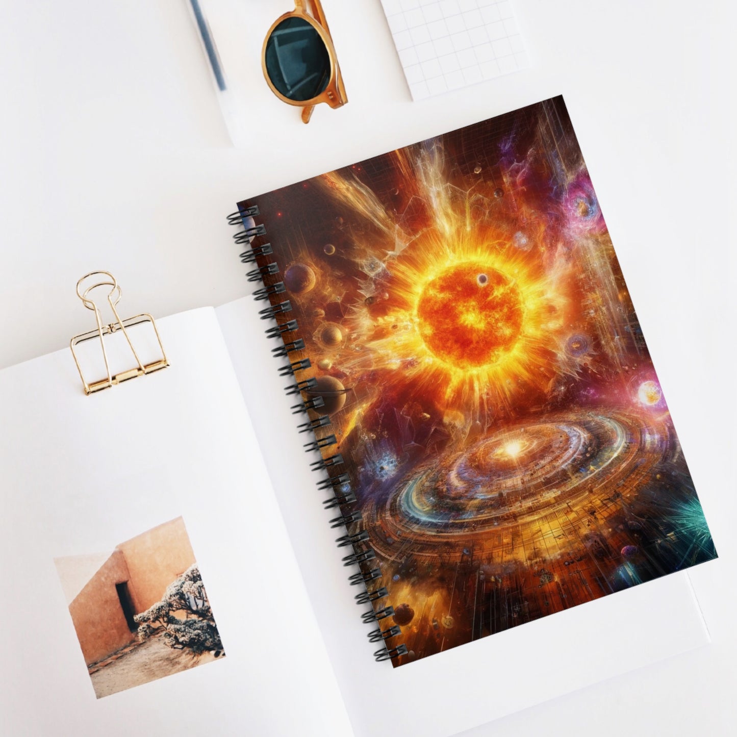 Caged Sun Notebook placed on a stylish desk surrounded by stationery, perfect for office decor and productive journaling.