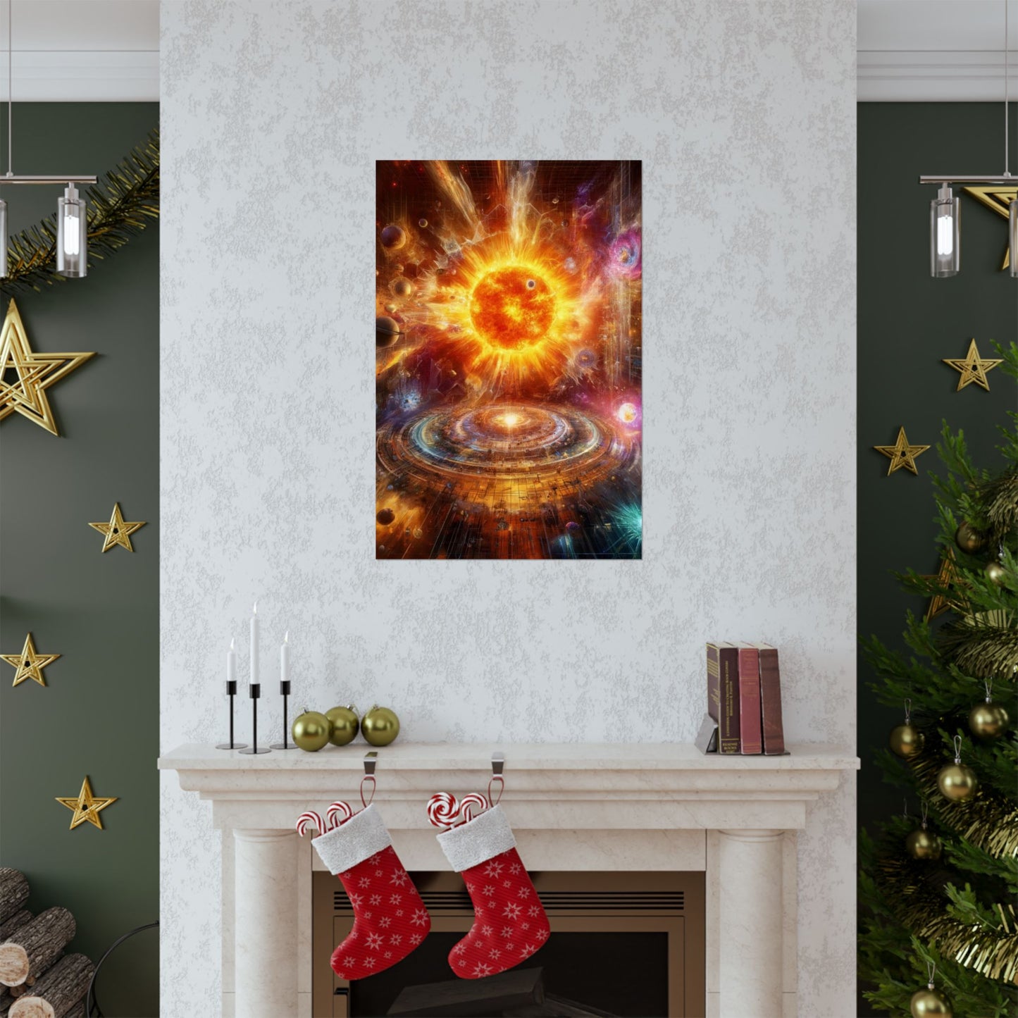 Caged Sun Poster above a fireplace, casting a mesmerizing glow and adding an air of cosmic mystery to the space.