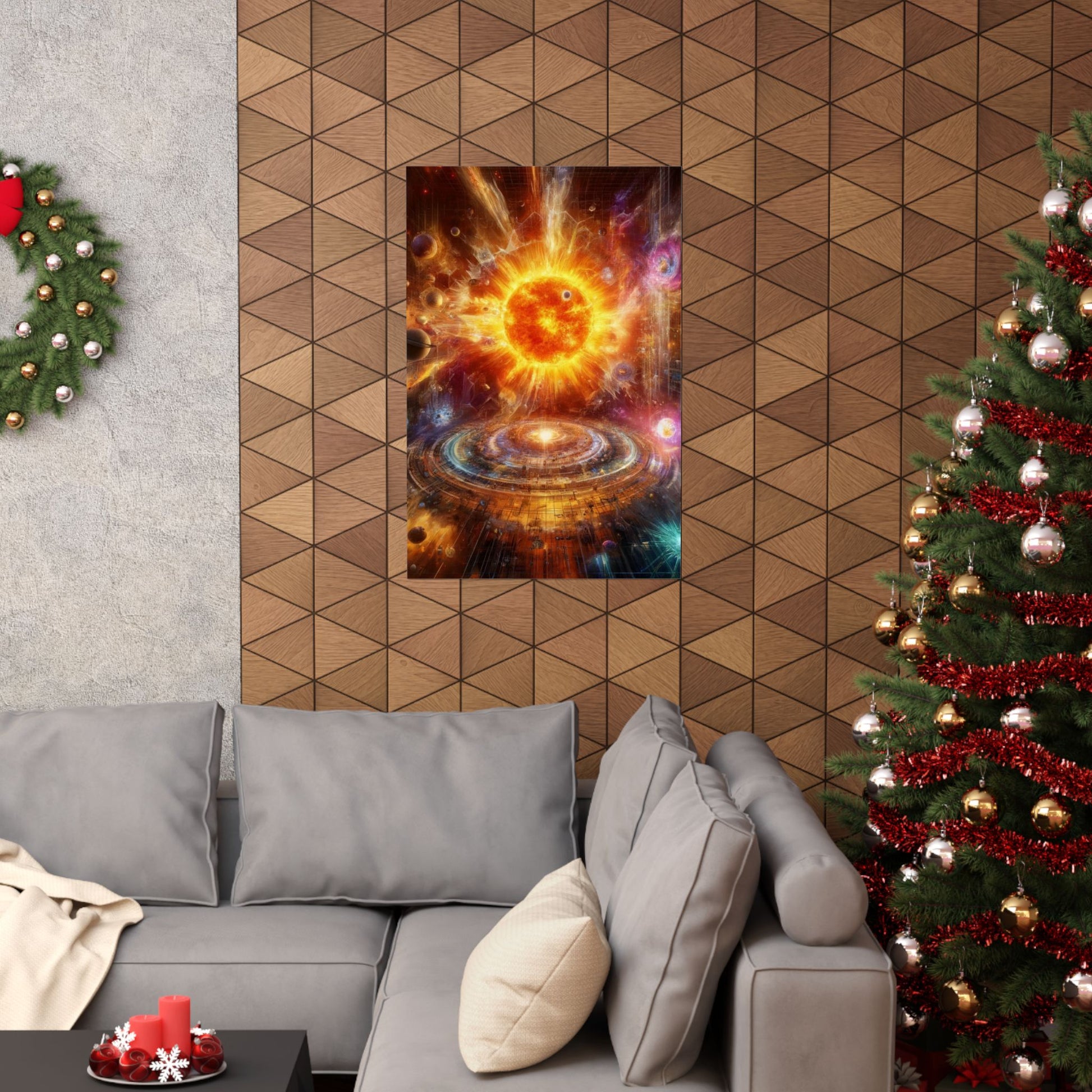 Caged Sun Poster displayed above a couch, bringing warmth and depth to modern living room decor.