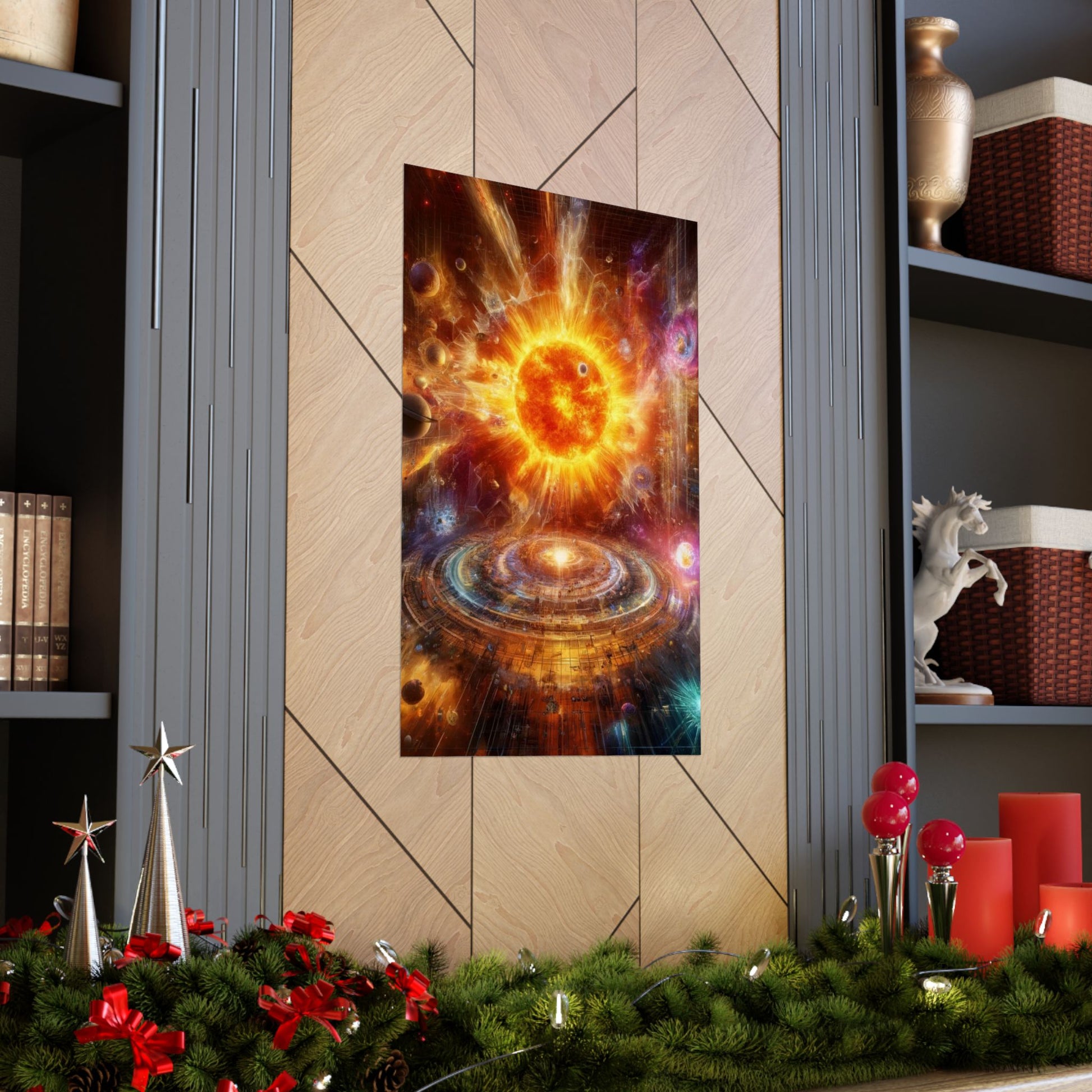 Caged Sun Poster beautifully positioned between two shelves, adding a radiant celestial touch to contemporary interiors.
