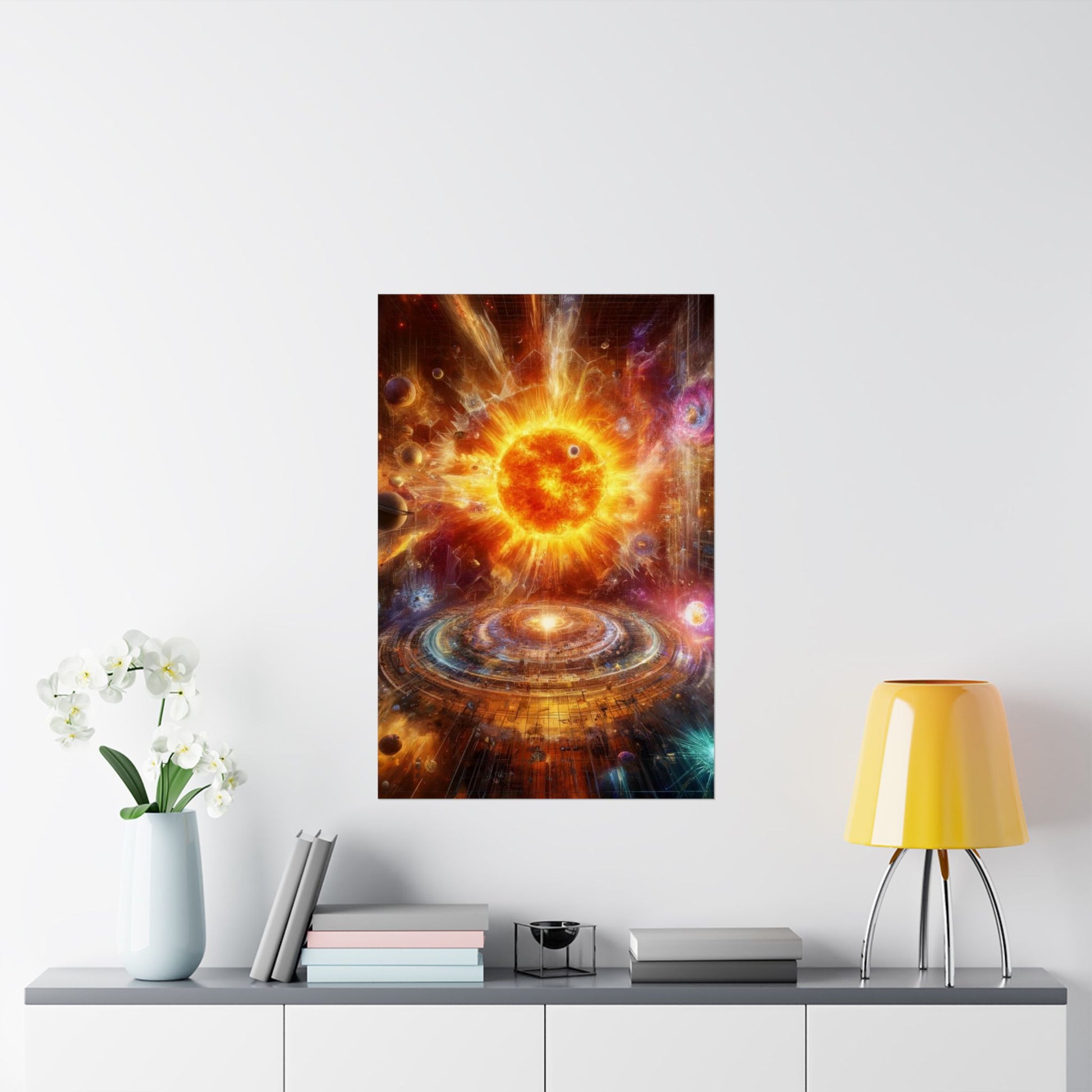 Caged Sun Poster above a desk, inspiring creativity and energy in a stylish home office setup.