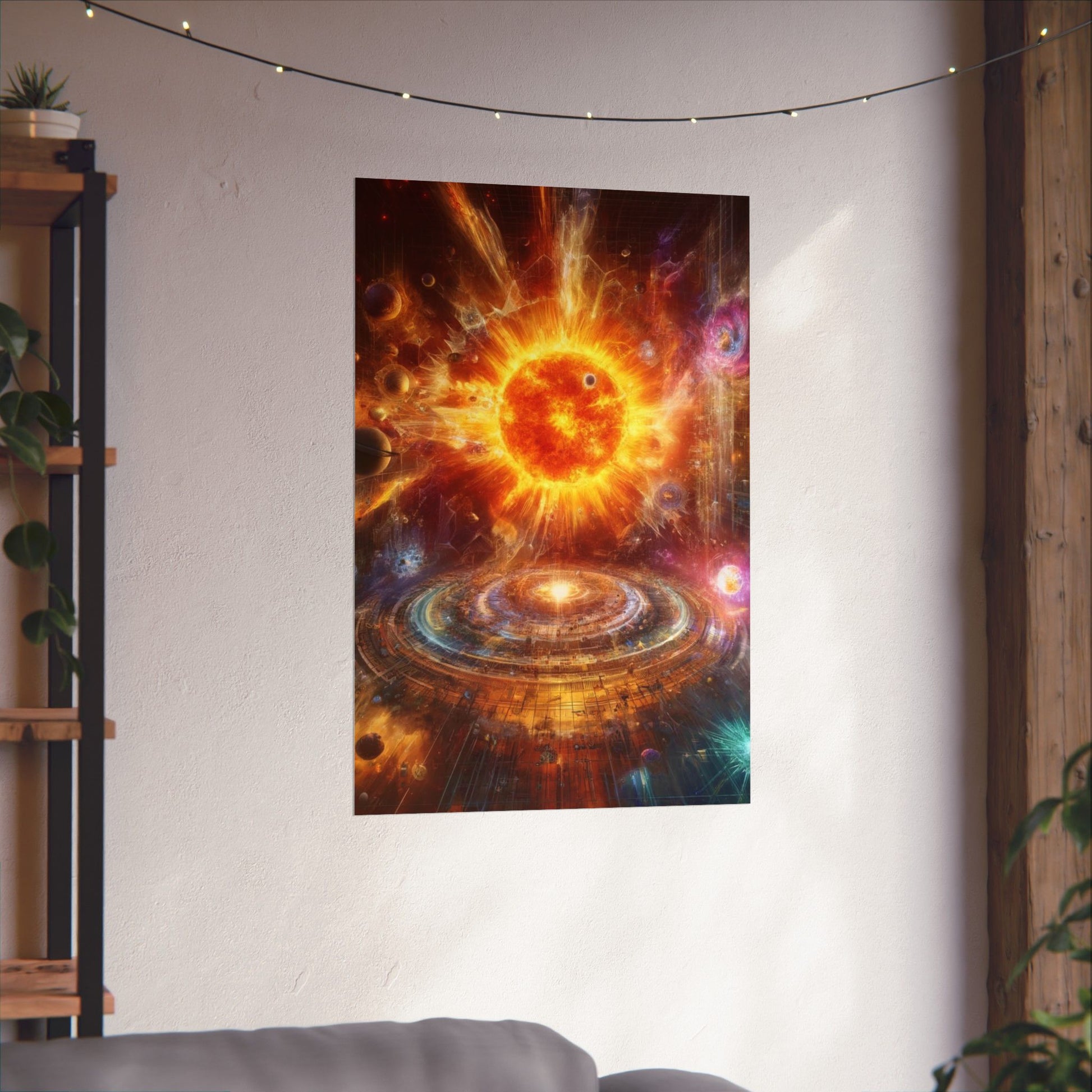 Caged Sun Poster hung on a neutral wall, creating an artistic statement with its captivating sun-inspired design.