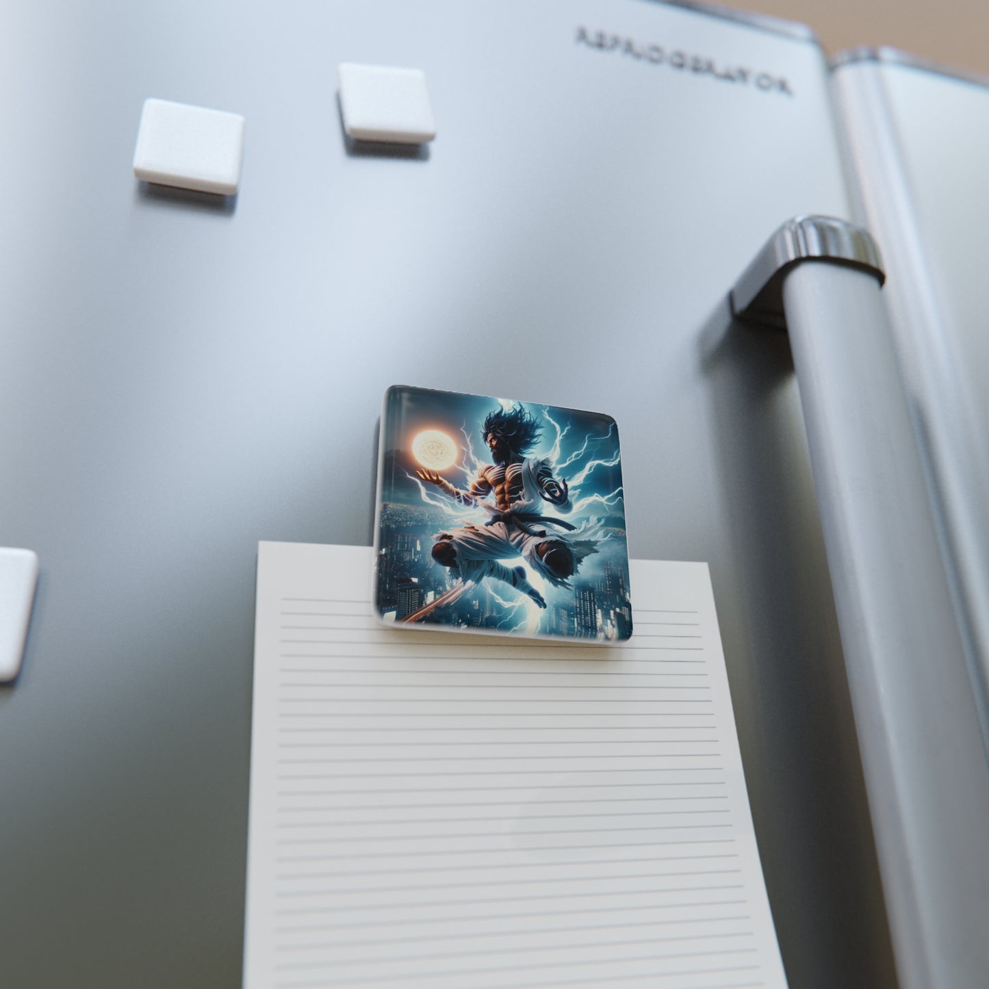 The Celestial Being Magnet on a refrigerator holding a note, combining function with beautiful celestial decor.