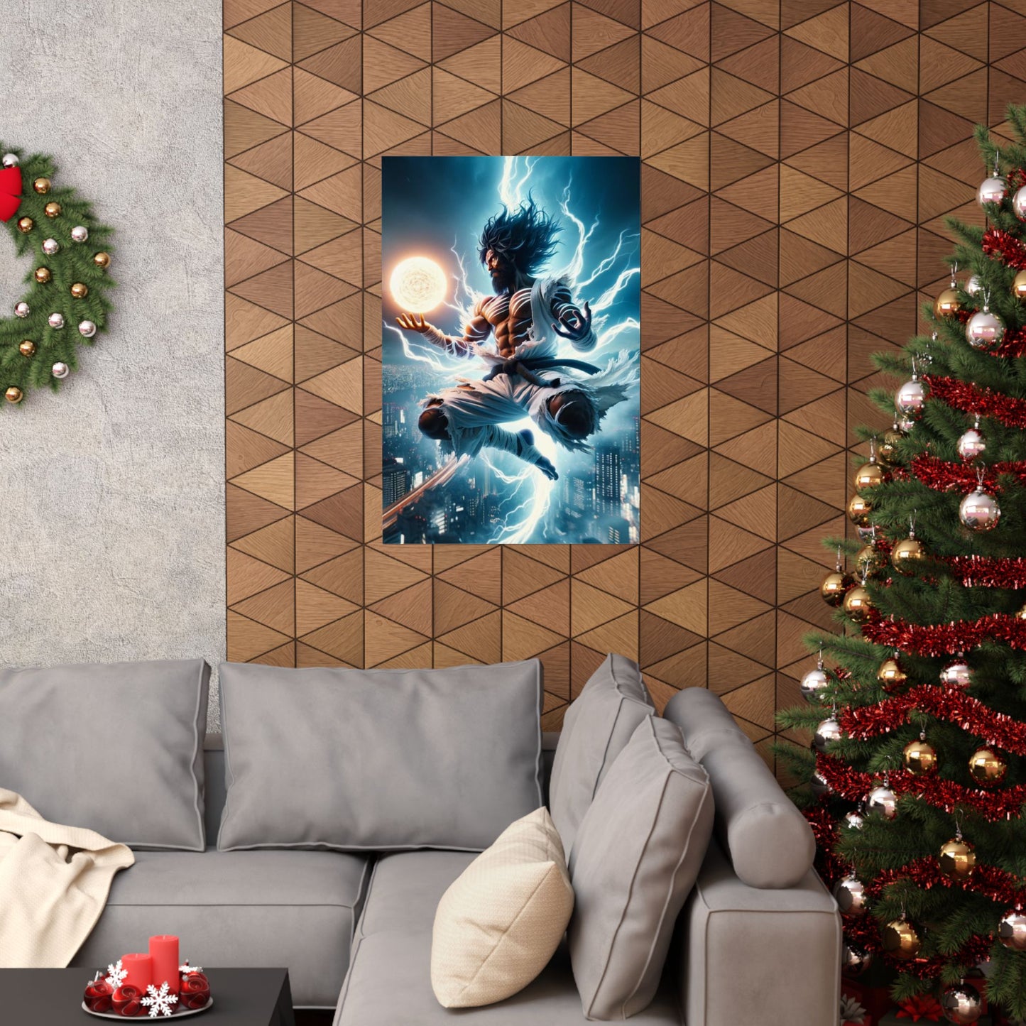 The Celestial Being Poster displayed above a couch, adding a mystical and celestial touch to modern living room decor.