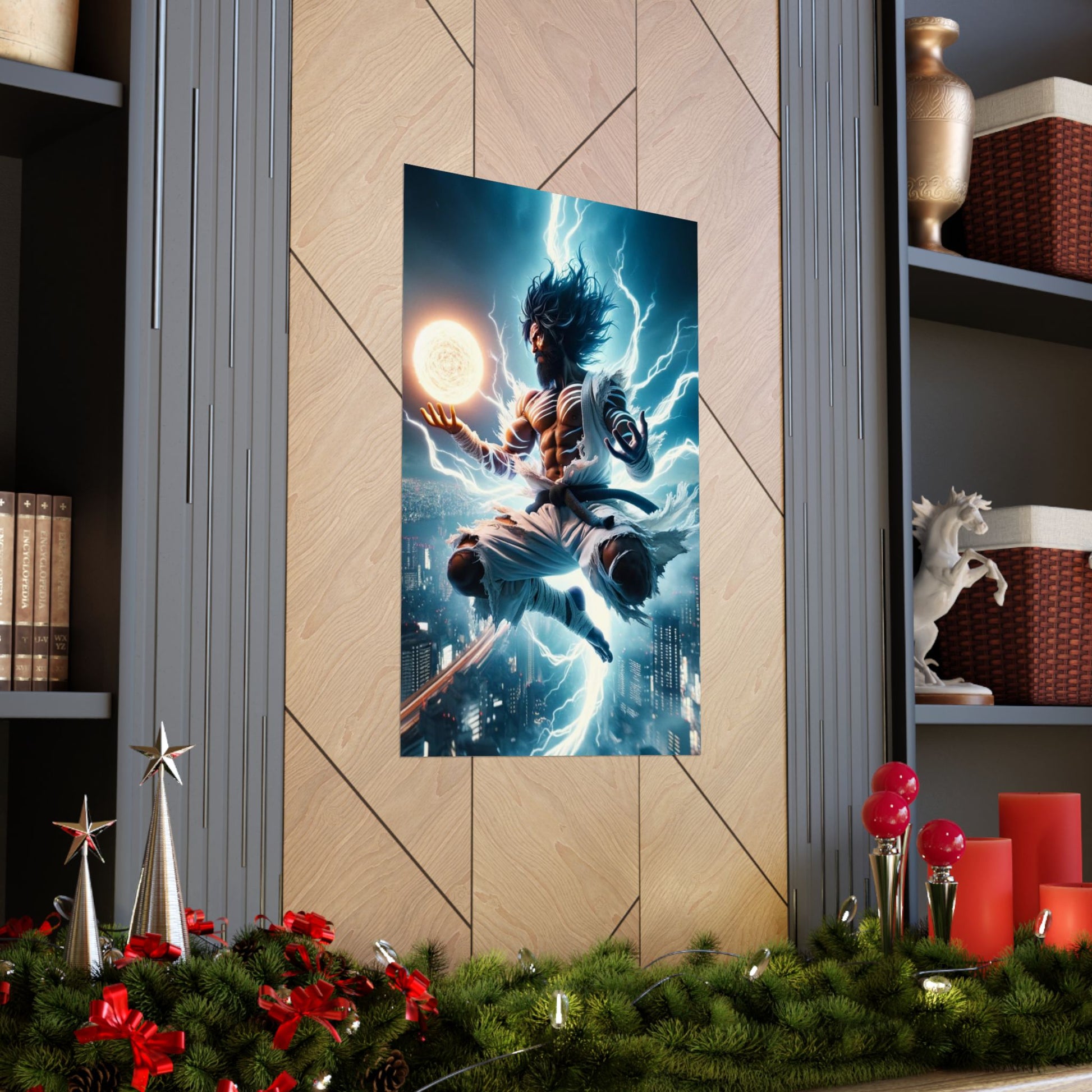 The Celestial Being Poster placed between two shelves, creating an inspiring and elegant modern home decor aesthetic.