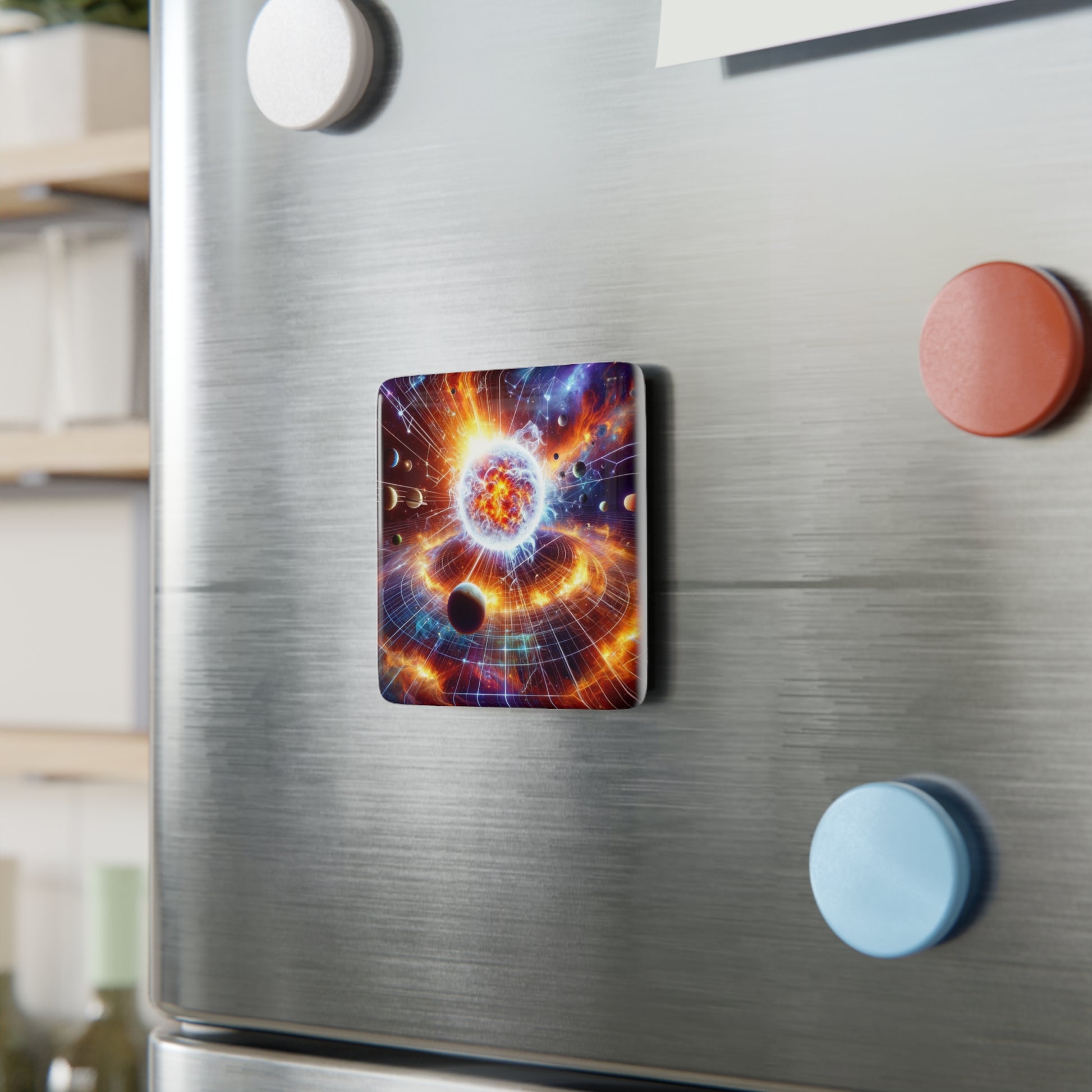 Celestial Fridge Magnet securely attached to a metallic surface, adding a cosmic touch to home decor.