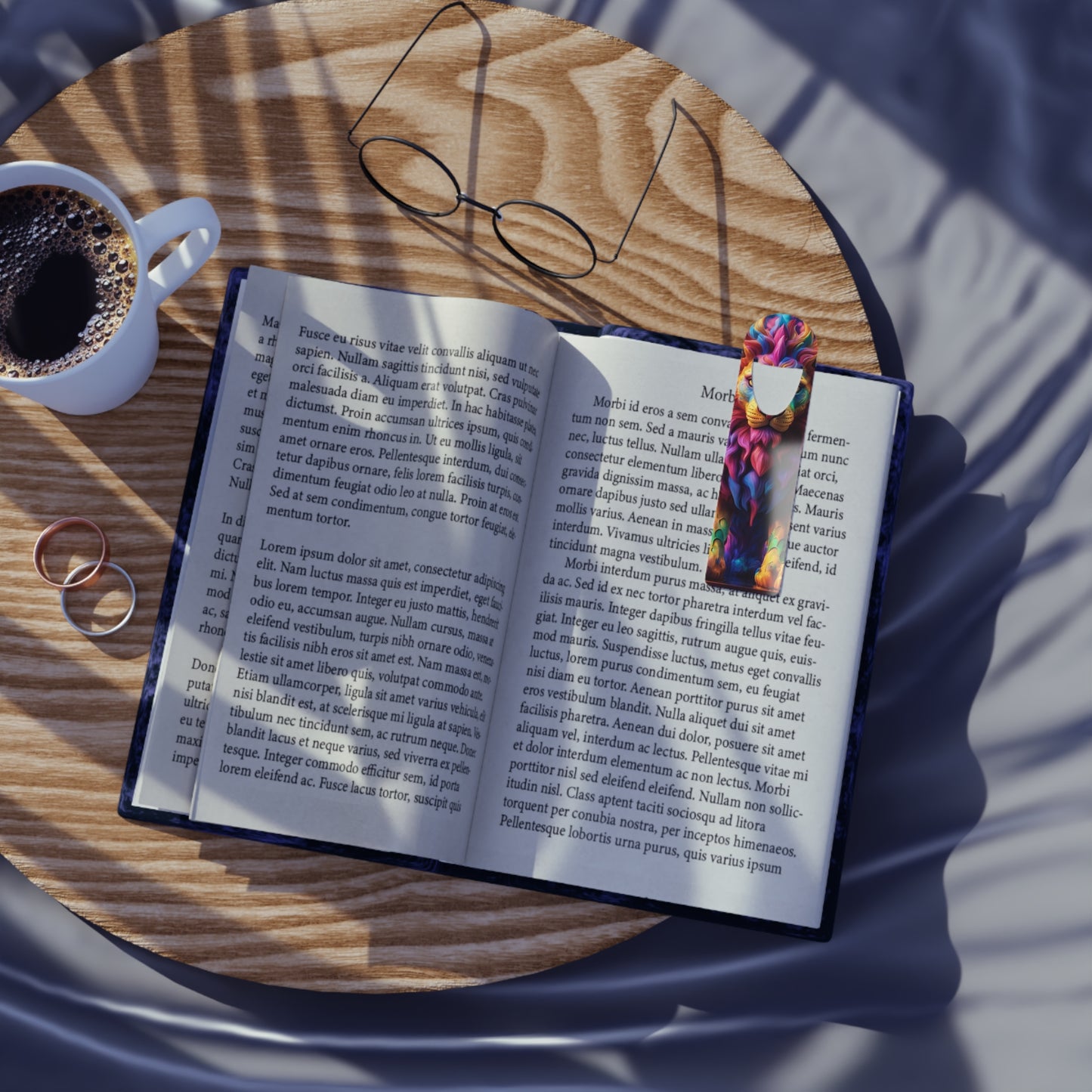Colorful Lion Bookmark resting on a book on a desk, a perfect gift for book lovers and students.
