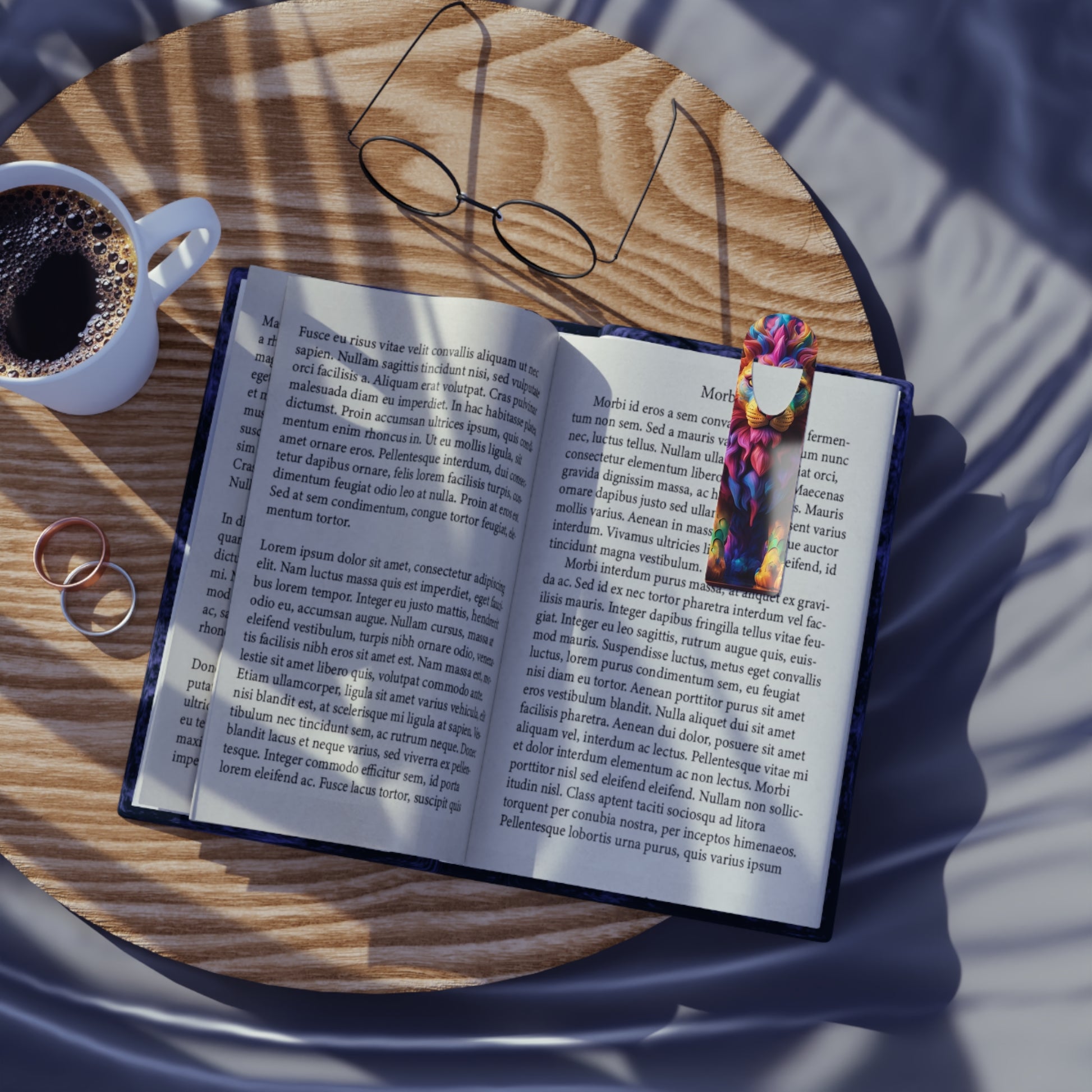 Colorful Lion Bookmark resting on a book on a desk, a perfect gift for book lovers and students.