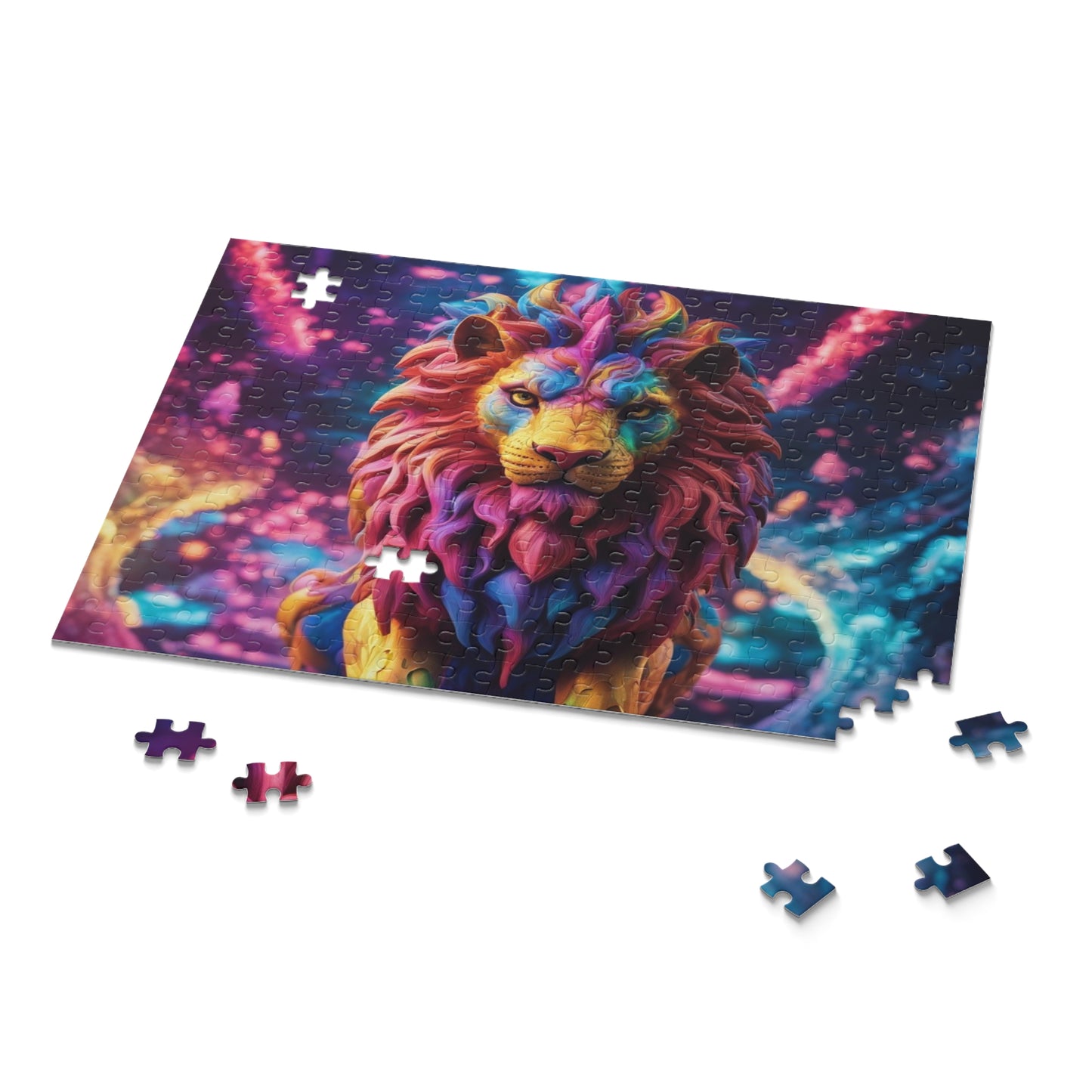 The Colorful Lion Puzzle nearly completed with scattered pieces, showcasing its vibrant and intricate design.