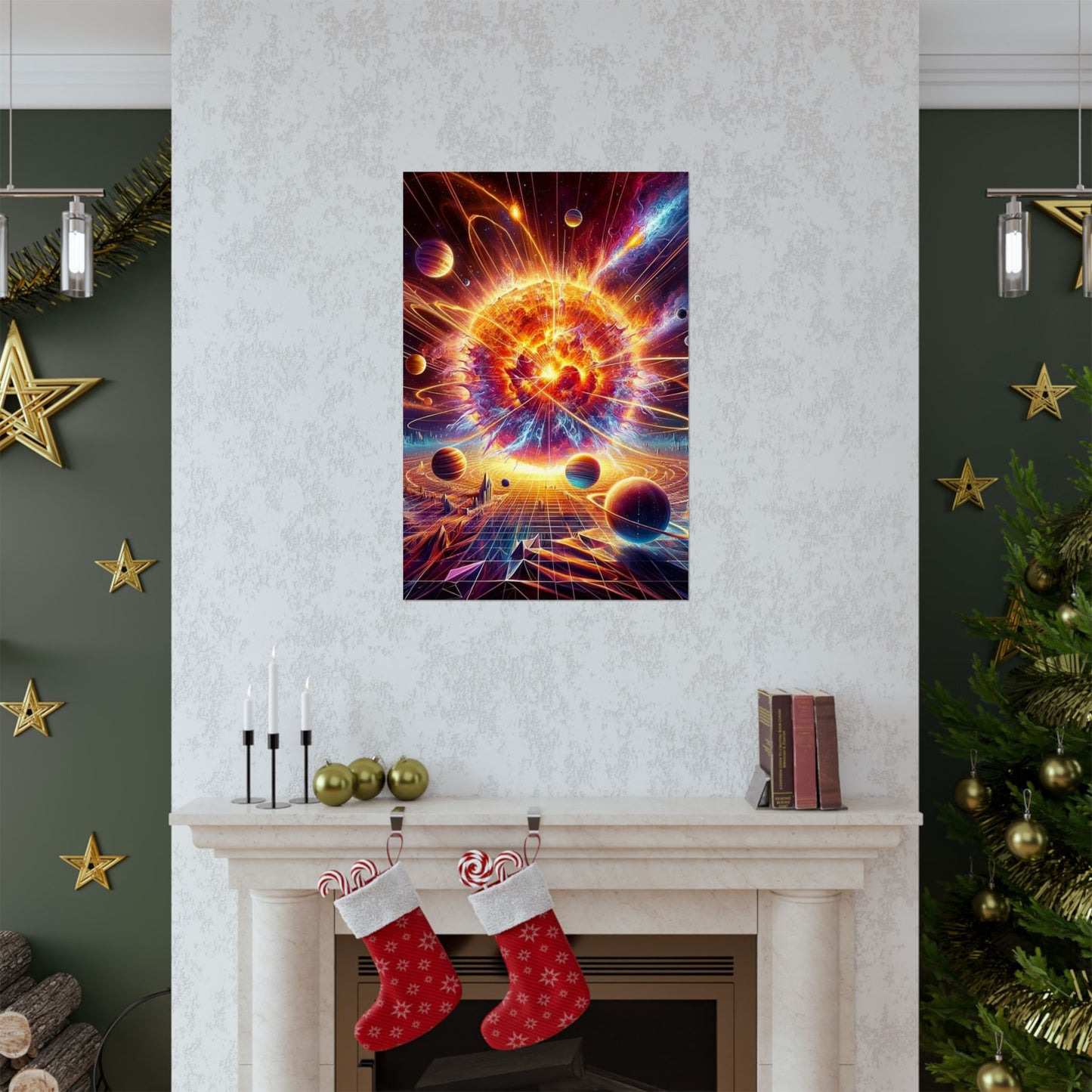 The Cosmic Energy Sun Poster positioned above a fireplace, adding warmth and cosmic inspiration to the room.