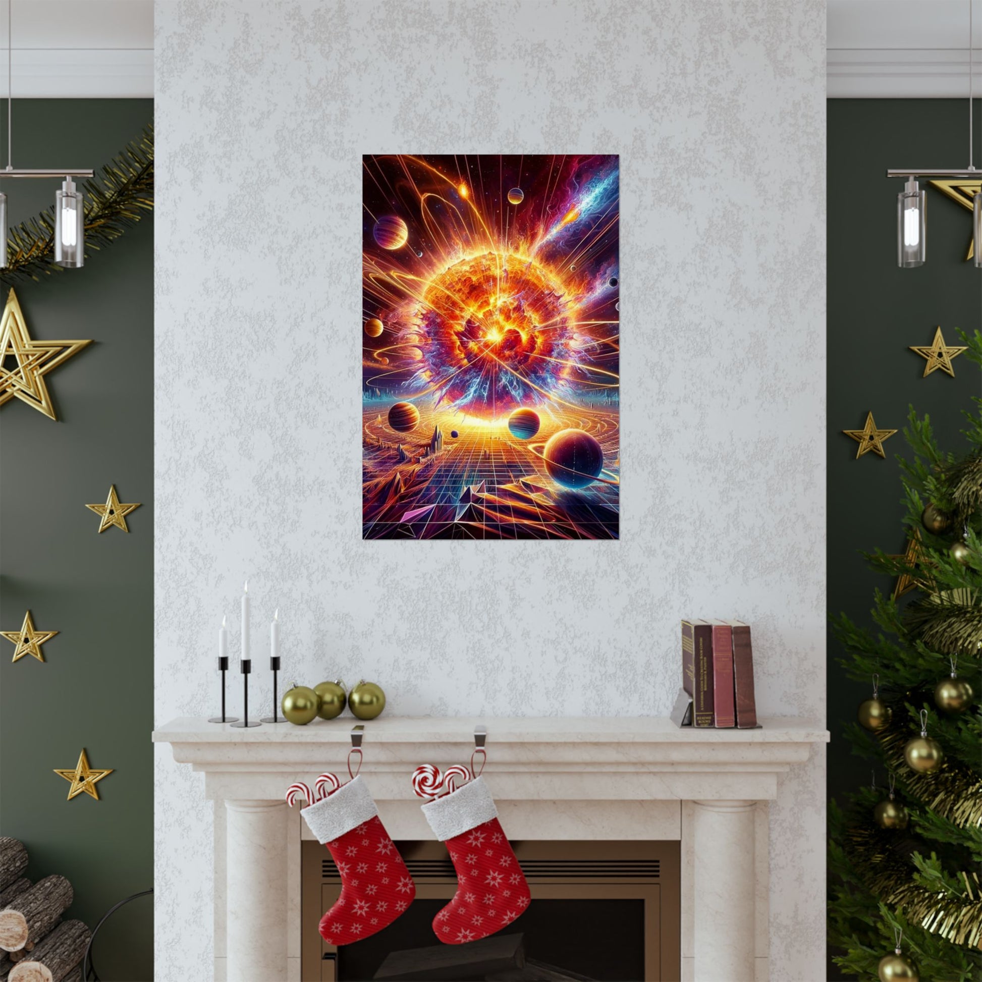 The Cosmic Energy Sun Poster positioned above a fireplace, adding warmth and cosmic inspiration to the room.