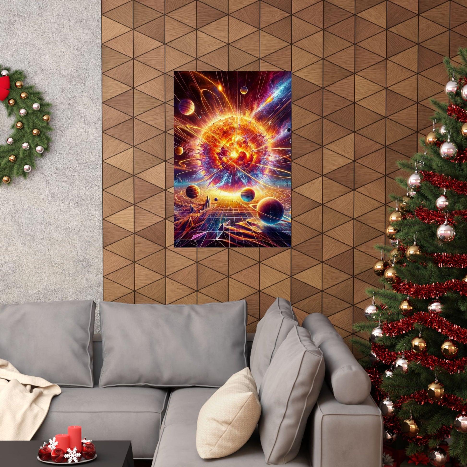 The Cosmic Energy Sun Poster displayed above a couch, bringing warmth and cosmic vibrance to modern living room decor.