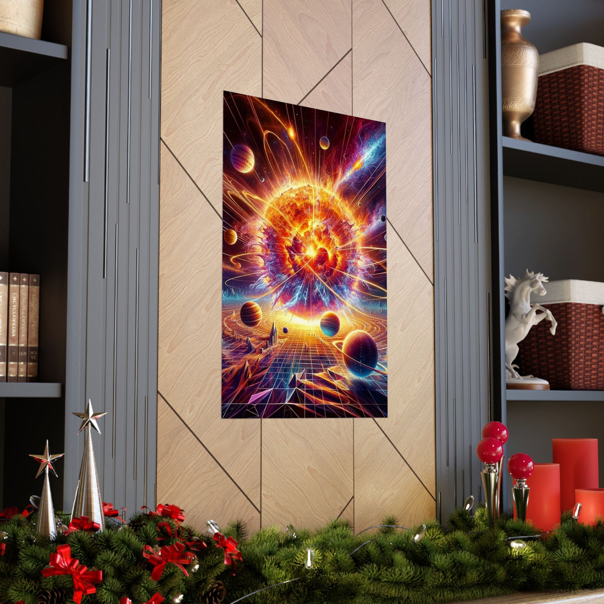 The Cosmic Energy Sun Poster placed between two shelves, enhancing the space with radiant celestial energy.