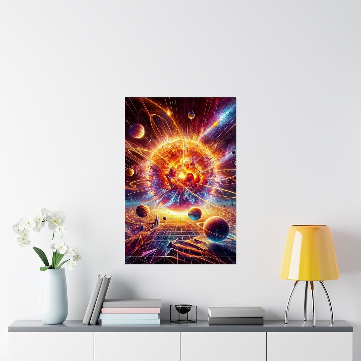 The Cosmic Energy Sun Poster above a desk, infusing the workspace with vibrant energy and creative inspiration.