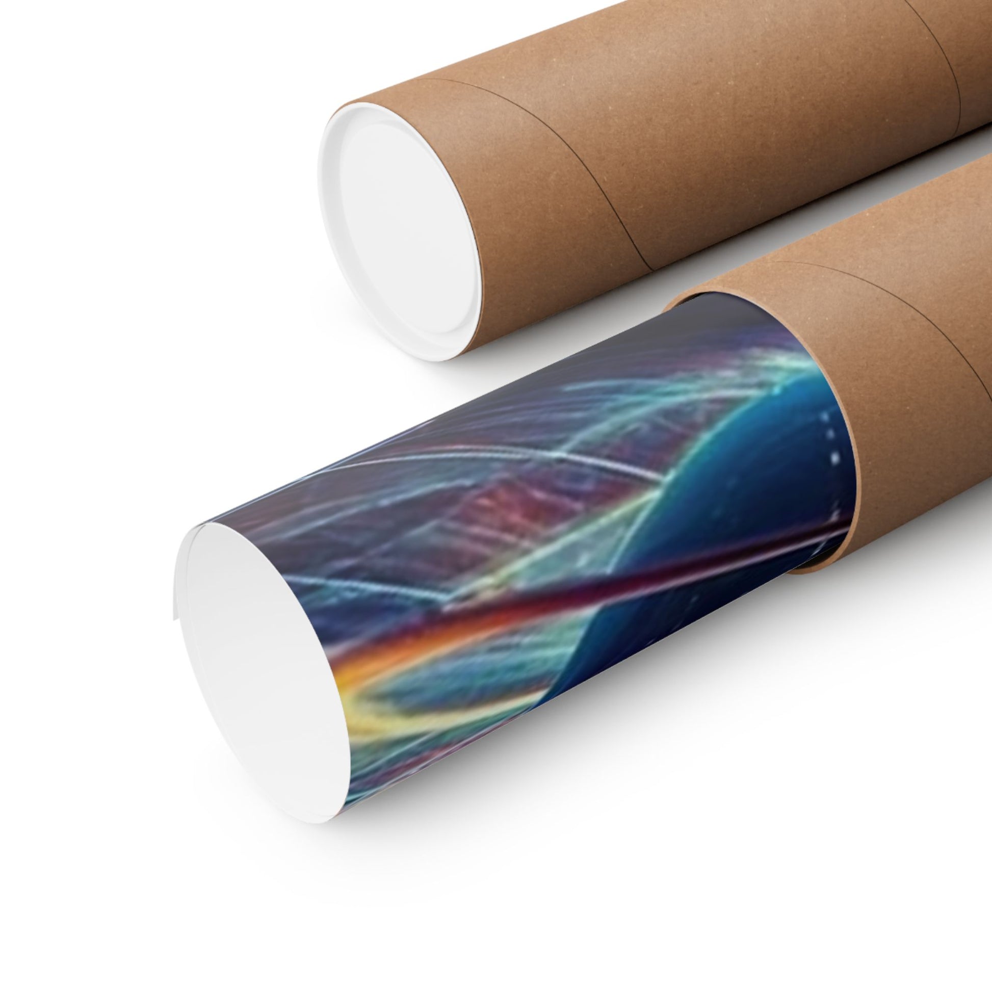 The Cosmic Energy Sun Poster securely rolled in a protective mailing tube for safe shipping and delivery.