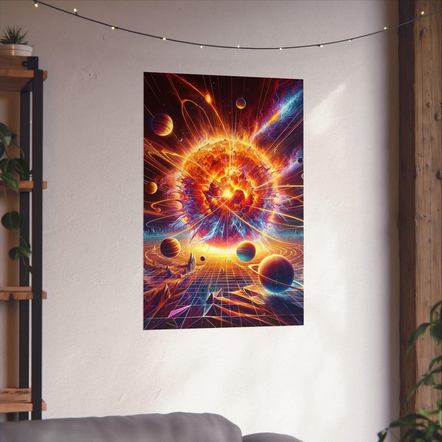 The Cosmic Energy Sun Poster hung on a neutral wall, creating a powerful focal point in any spiritual or artistic space.
