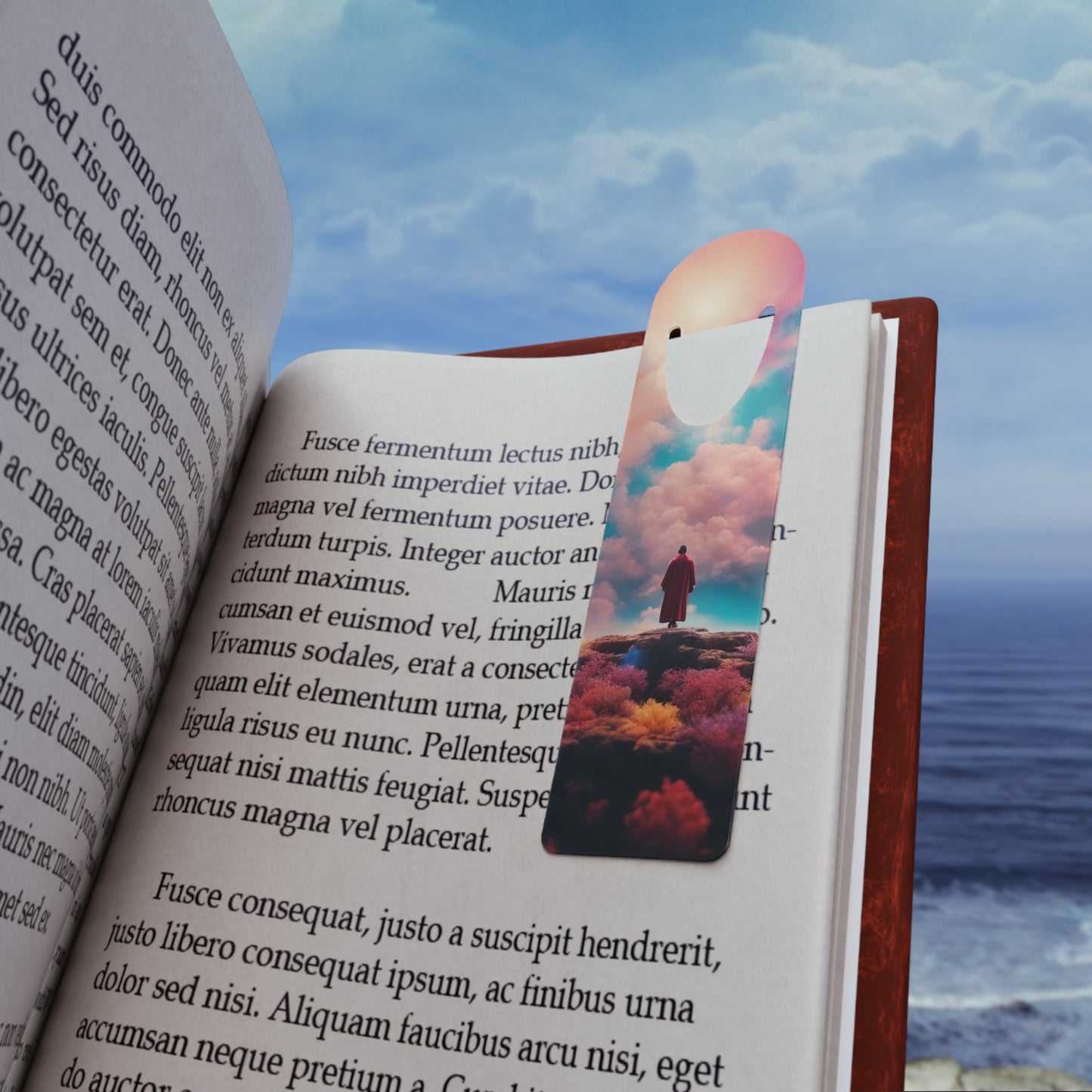 The Destiny Bookmark placed on an open book page, marking a reading journey with style and durability.