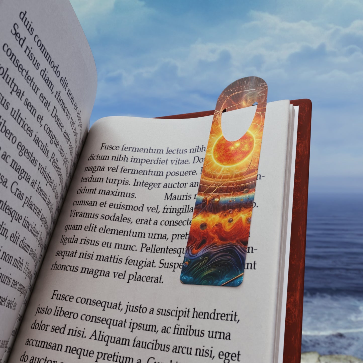 The Dimensional Sun Bookmark placed on a book page, marking a spot with celestial beauty and artistic design.
