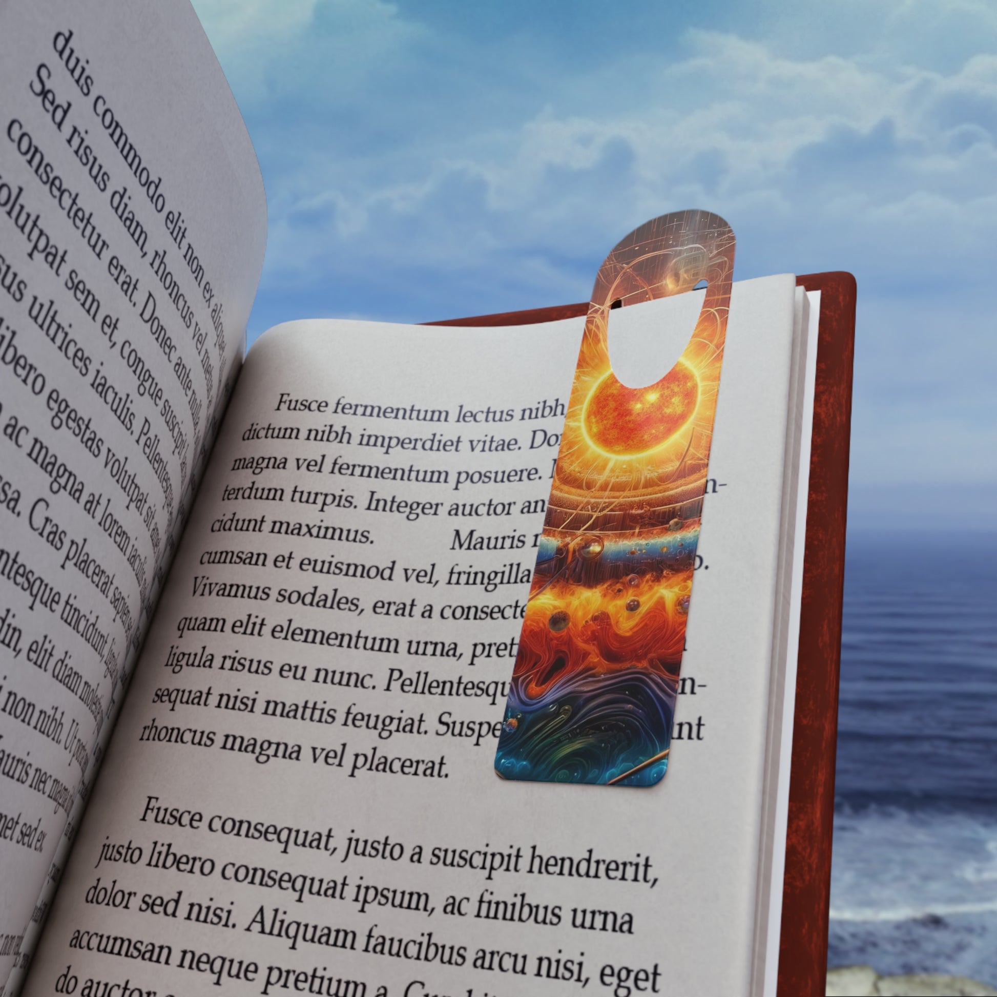 The Dimensional Sun Bookmark placed on a book page, marking a spot with celestial beauty and artistic design.