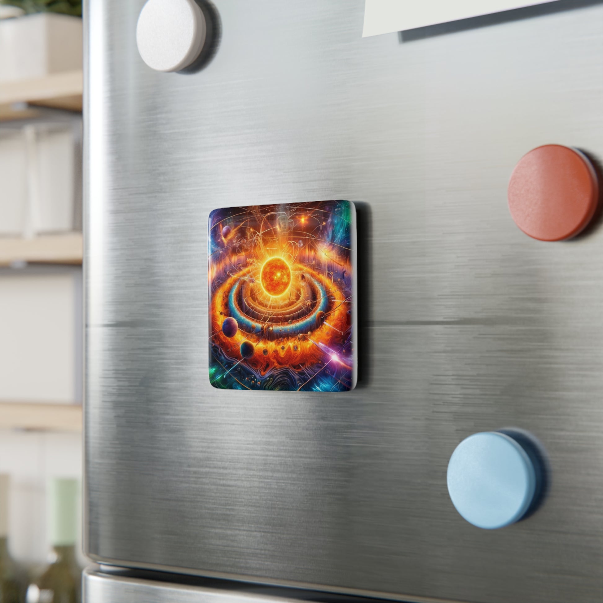 The Dimensional Sun Magnet displayed on a metallic surface, adding a bold and artistic touch to any space.