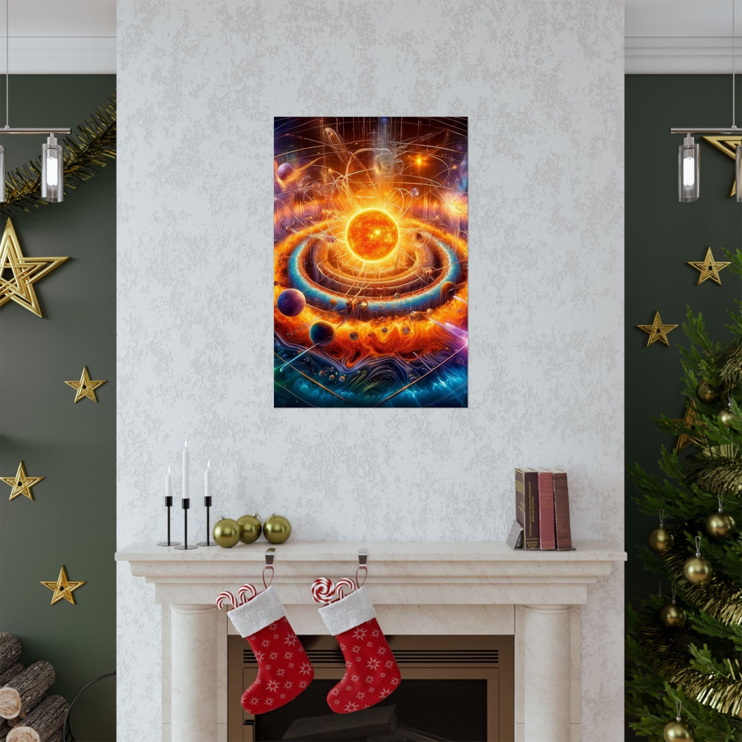The Dimensional Sun Poster positioned above a fireplace, filling the room with its glowing, celestial presence.