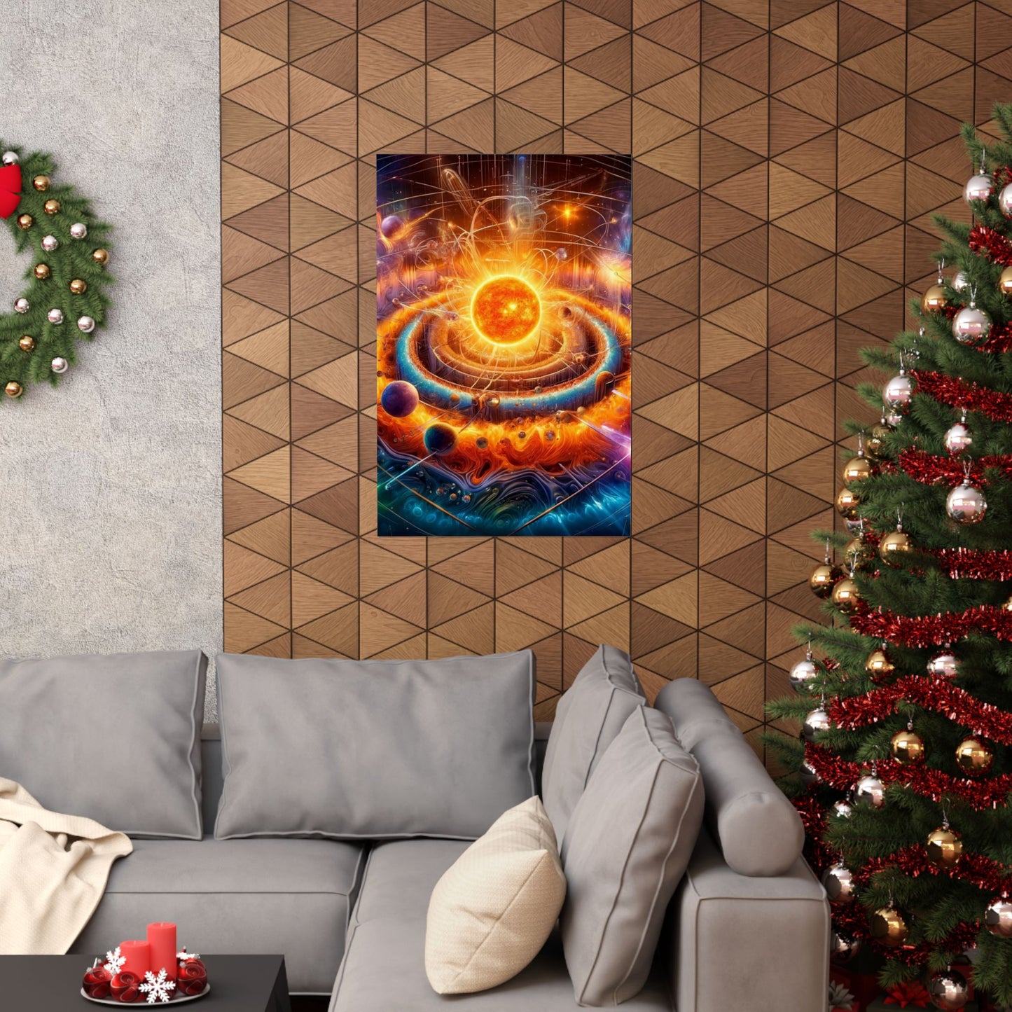 The Dimensional Sun Poster displayed above a couch, bringing warmth and cosmic energy to modern living room decor.