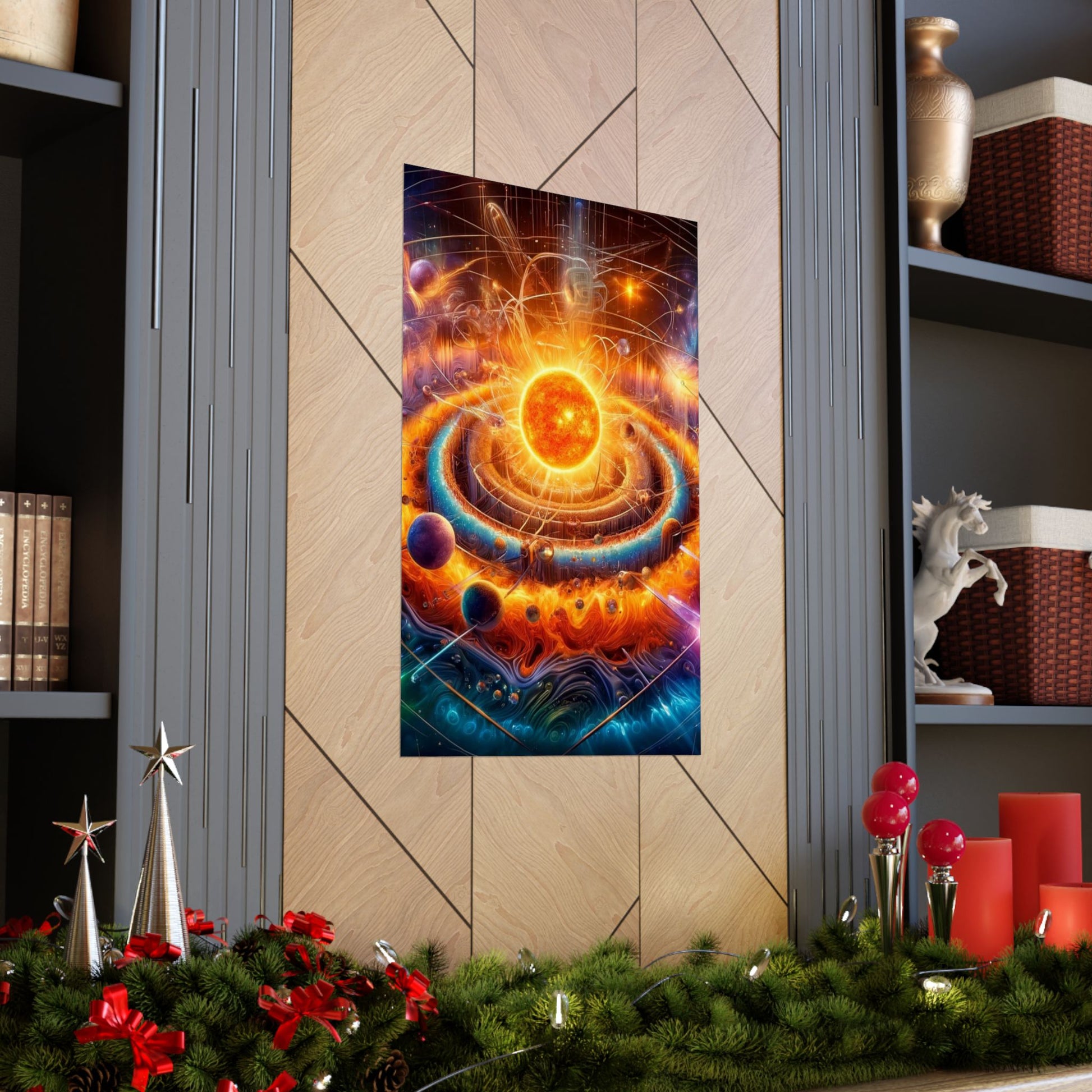 The Dimensional Sun Poster placed between two shelves, adding celestial vibrance to a contemporary home decor setup.