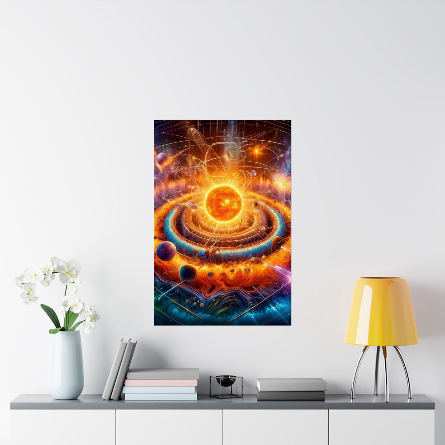 The Dimensional Sun Poster above a desk, inspiring creativity and illumination in a stylish home office setup.