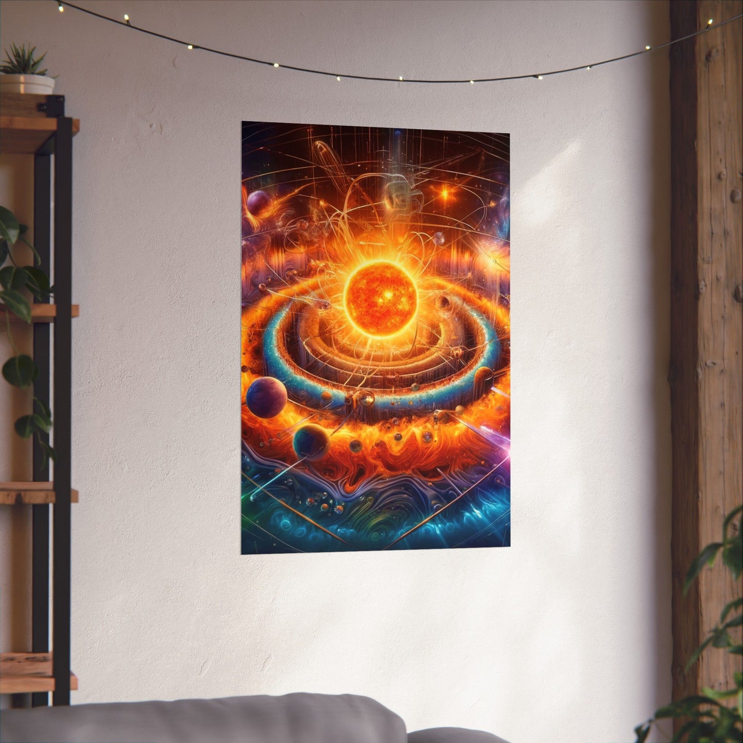 The Dimensional Sun Poster hung on a neutral wall, radiating its bold and cosmic sun artwork as a statement decor piece.