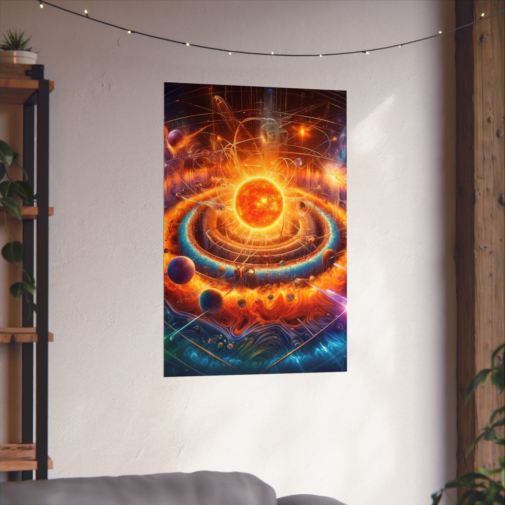 The Dimensional Sun Poster hung on a neutral wall, radiating its bold and cosmic sun artwork as a statement decor piece.