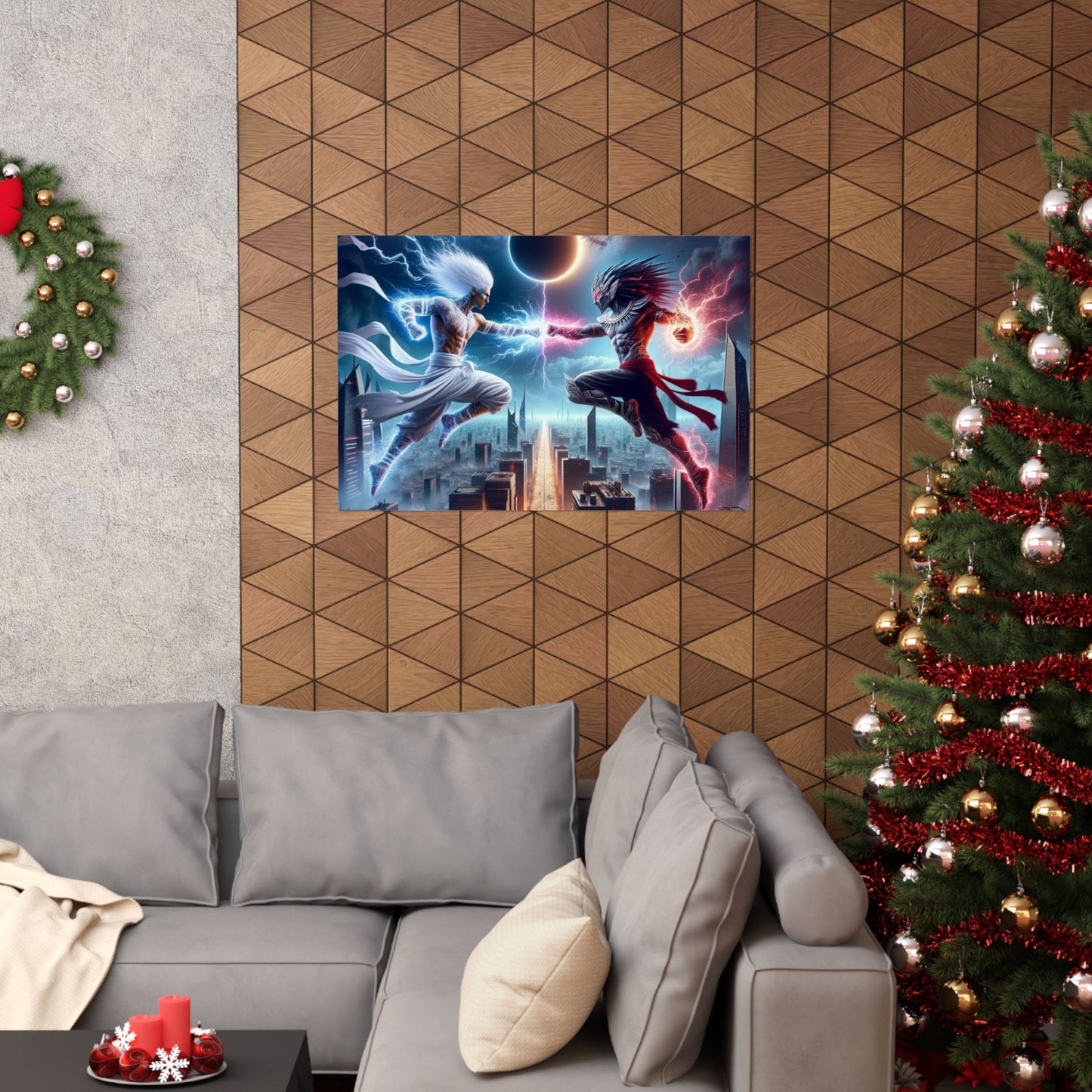 The Divine Duel II Poster displayed above a couch, adding an intense and thought-provoking touch to modern living room decor.