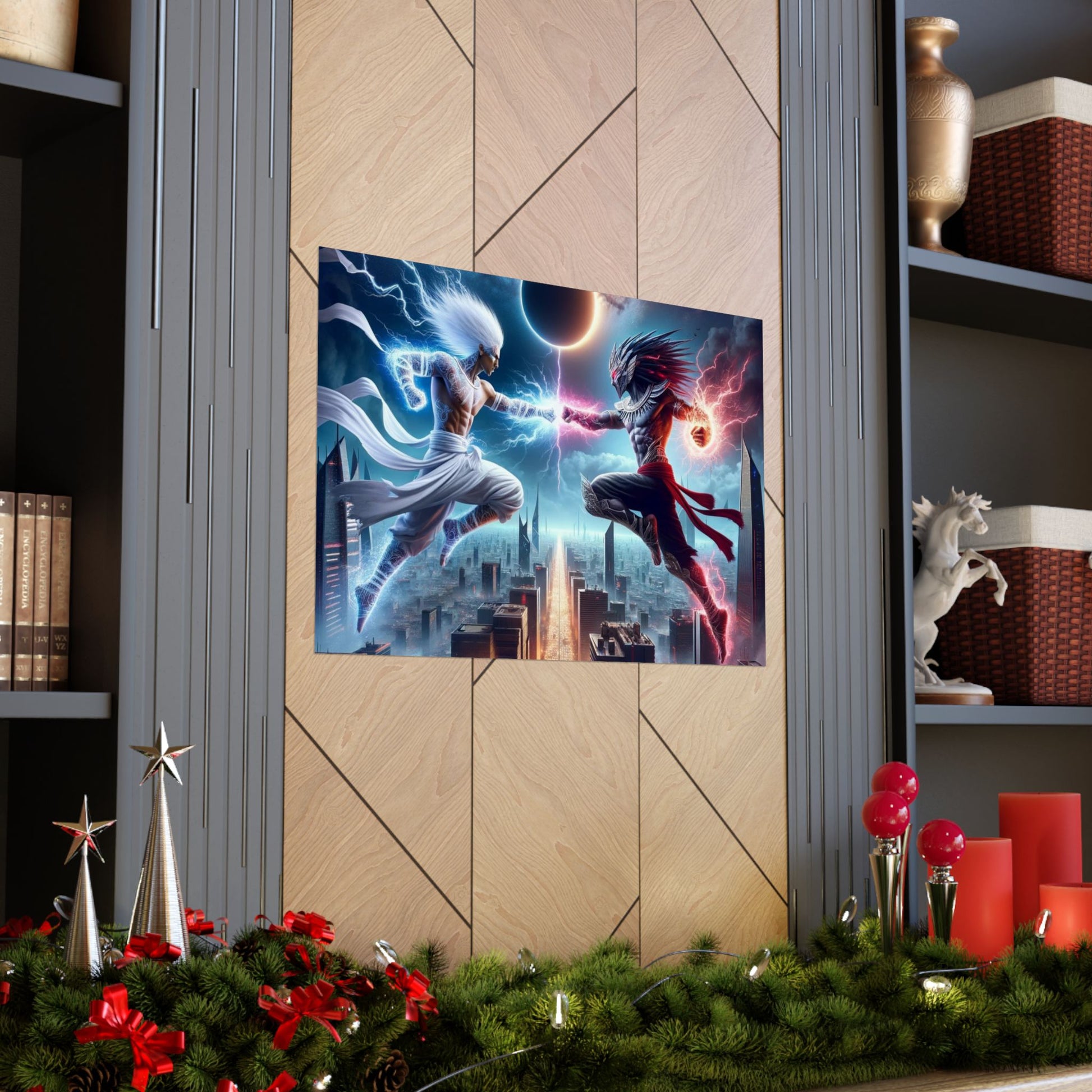 The Divine Duel II Poster placed between two shelves, creating a bold centerpiece in a modern home decor setting.