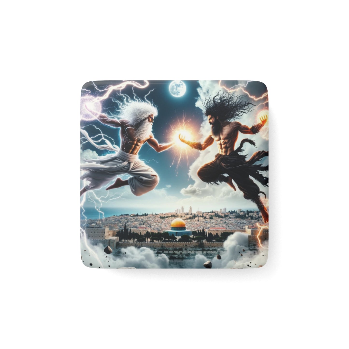 The Divine Duel III Magnet featuring intricate fantasy battle artwork, perfect for collectors and decor.