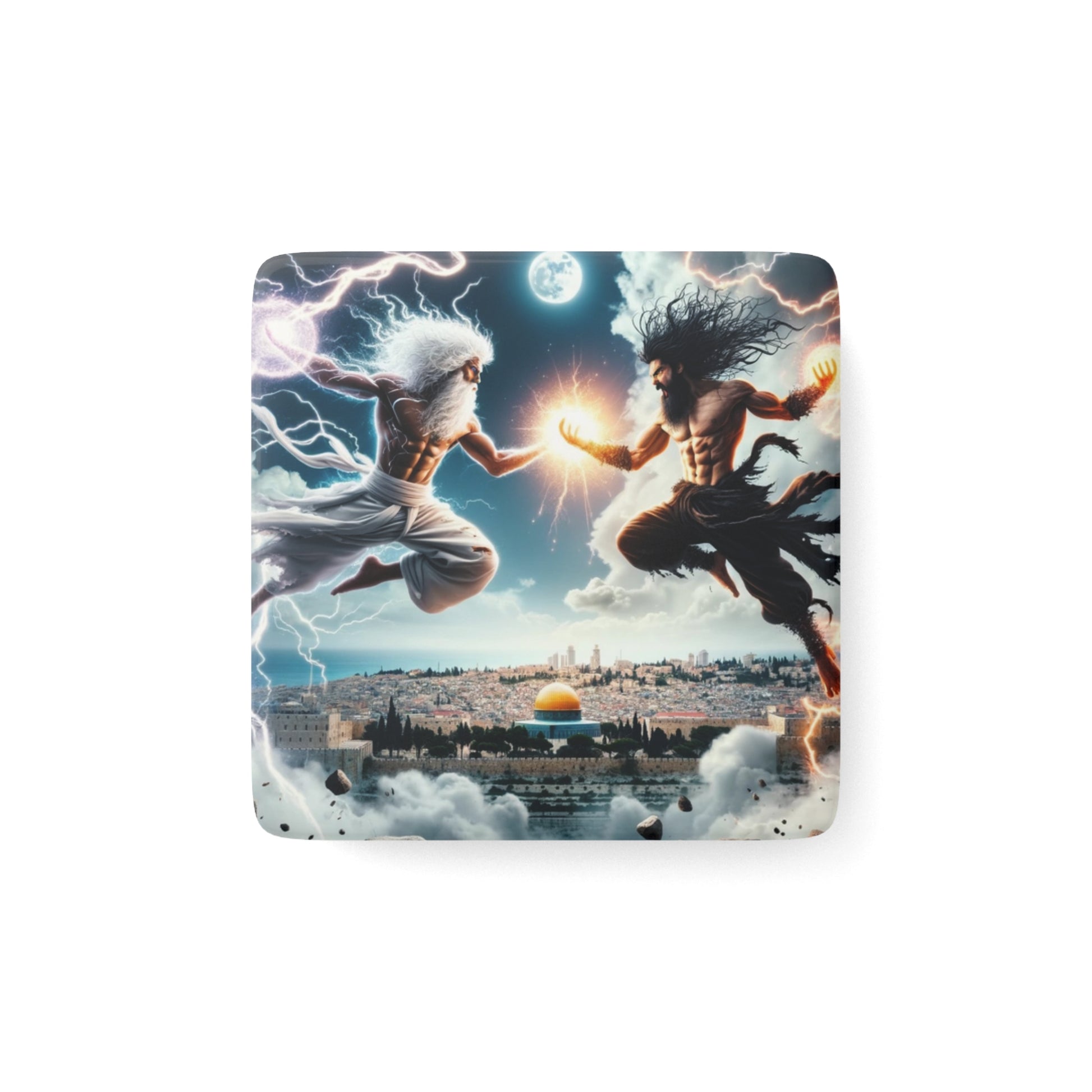 The Divine Duel III Magnet featuring intricate fantasy battle artwork, perfect for collectors and decor.