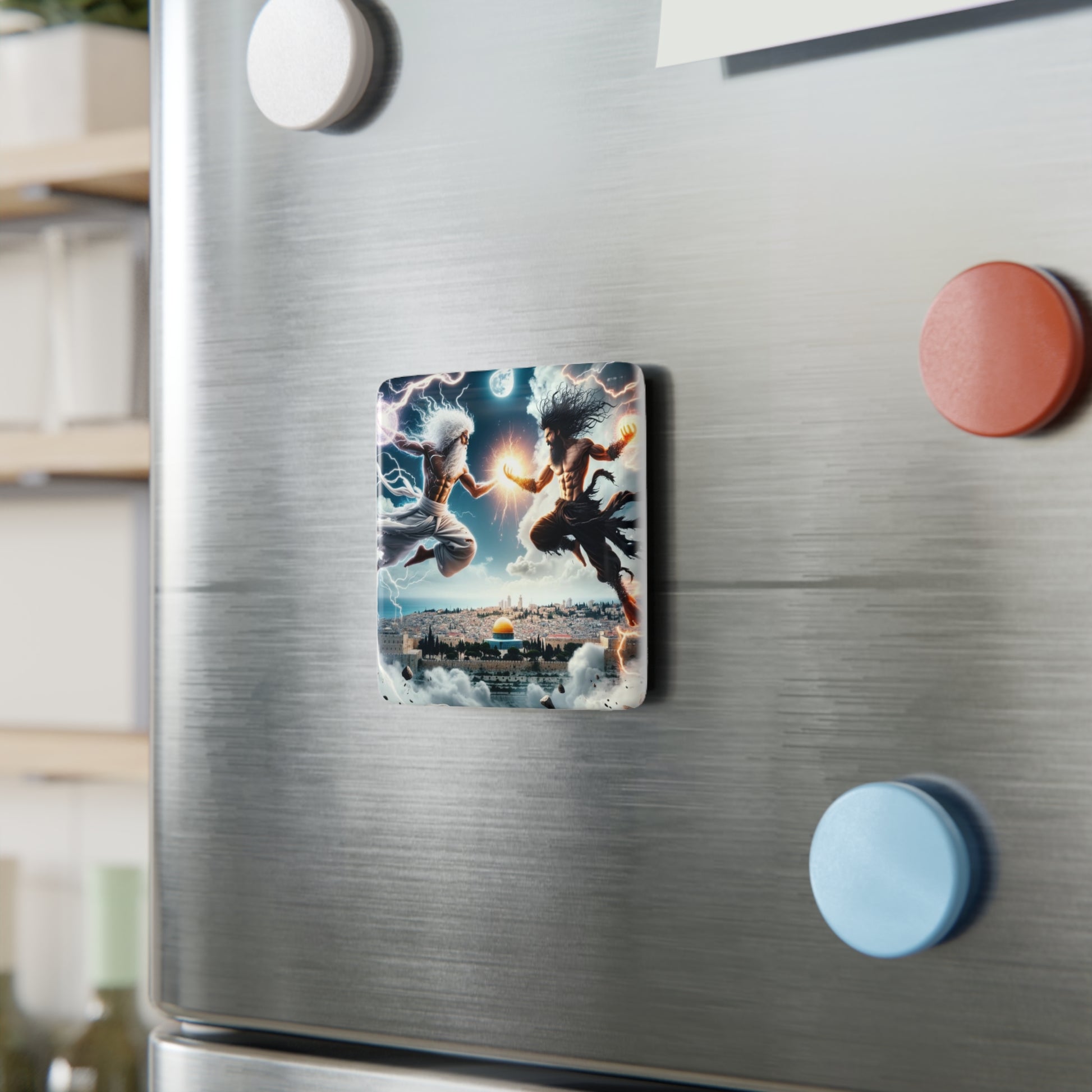 The Divine Duel III Magnet securely attached to a metal surface, showcasing its detailed fantasy design.