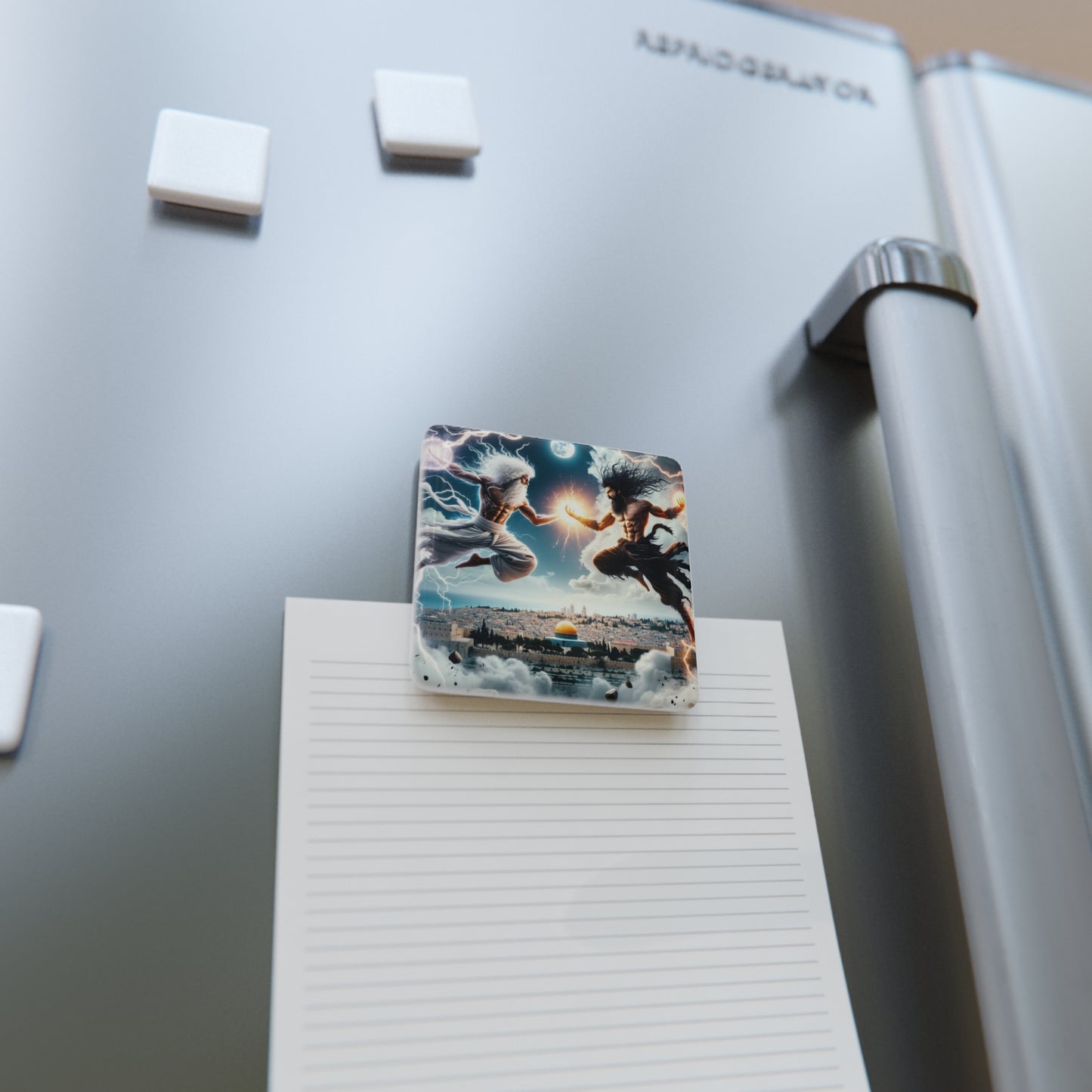 The Divine Duel III Magnet on a refrigerator holding a note, combining style and function in home decor.