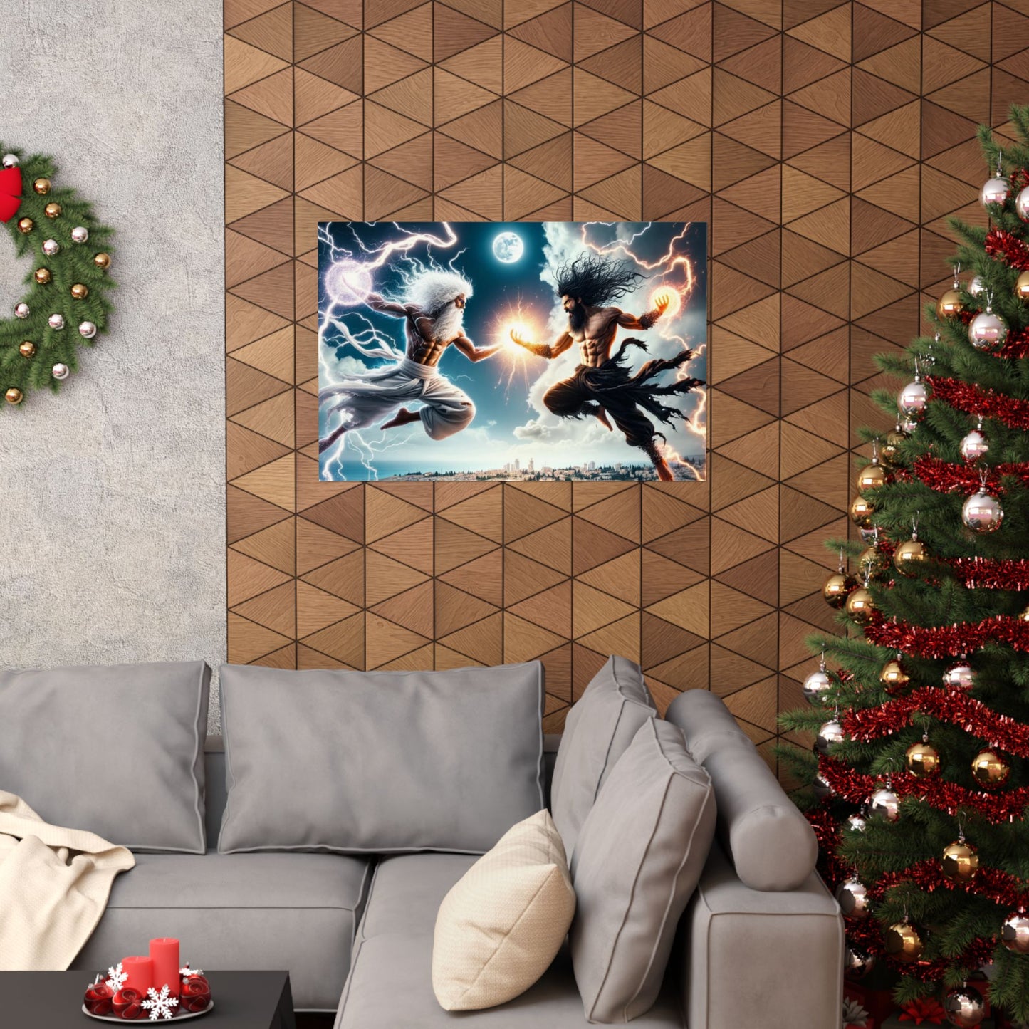 The Divine Duel III Poster displayed above a couch, adding a dramatic and powerful statement to modern living room decor.