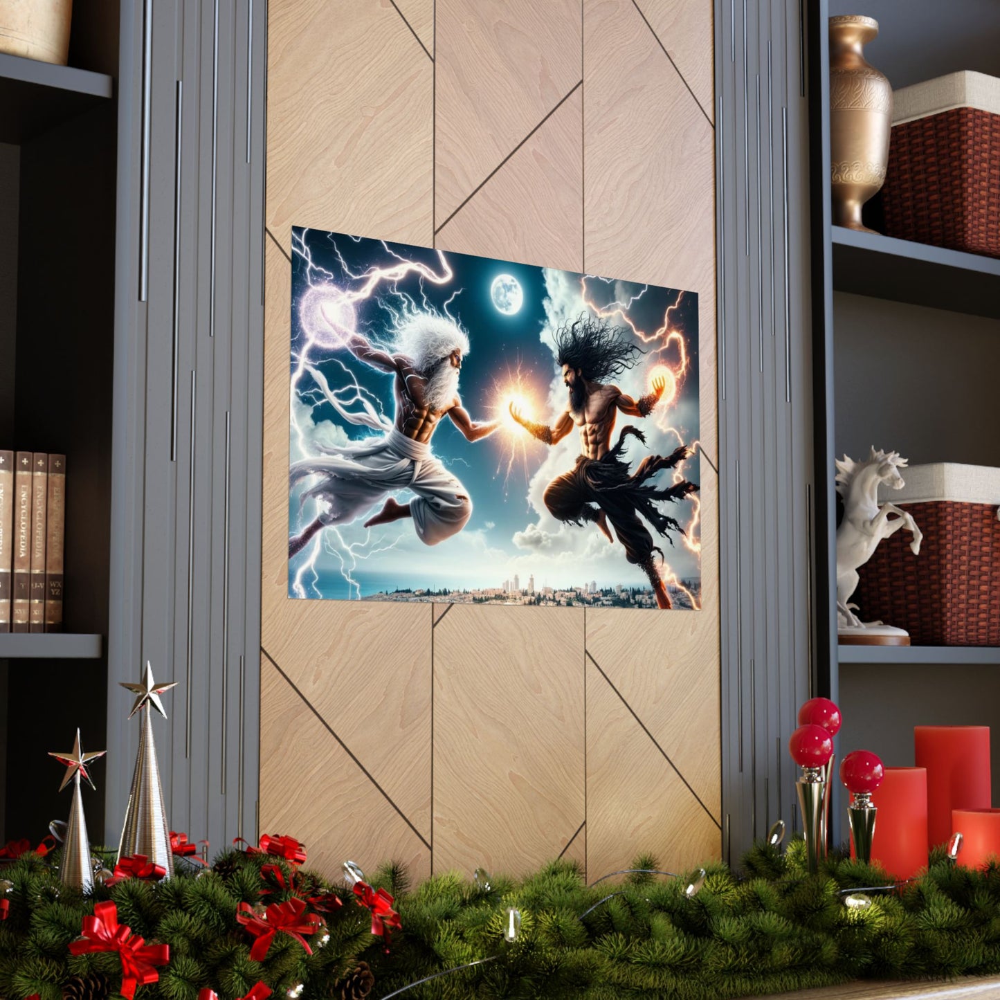 The Divine Duel III Poster placed between two shelves, creating a balanced and captivating modern home decor arrangement.