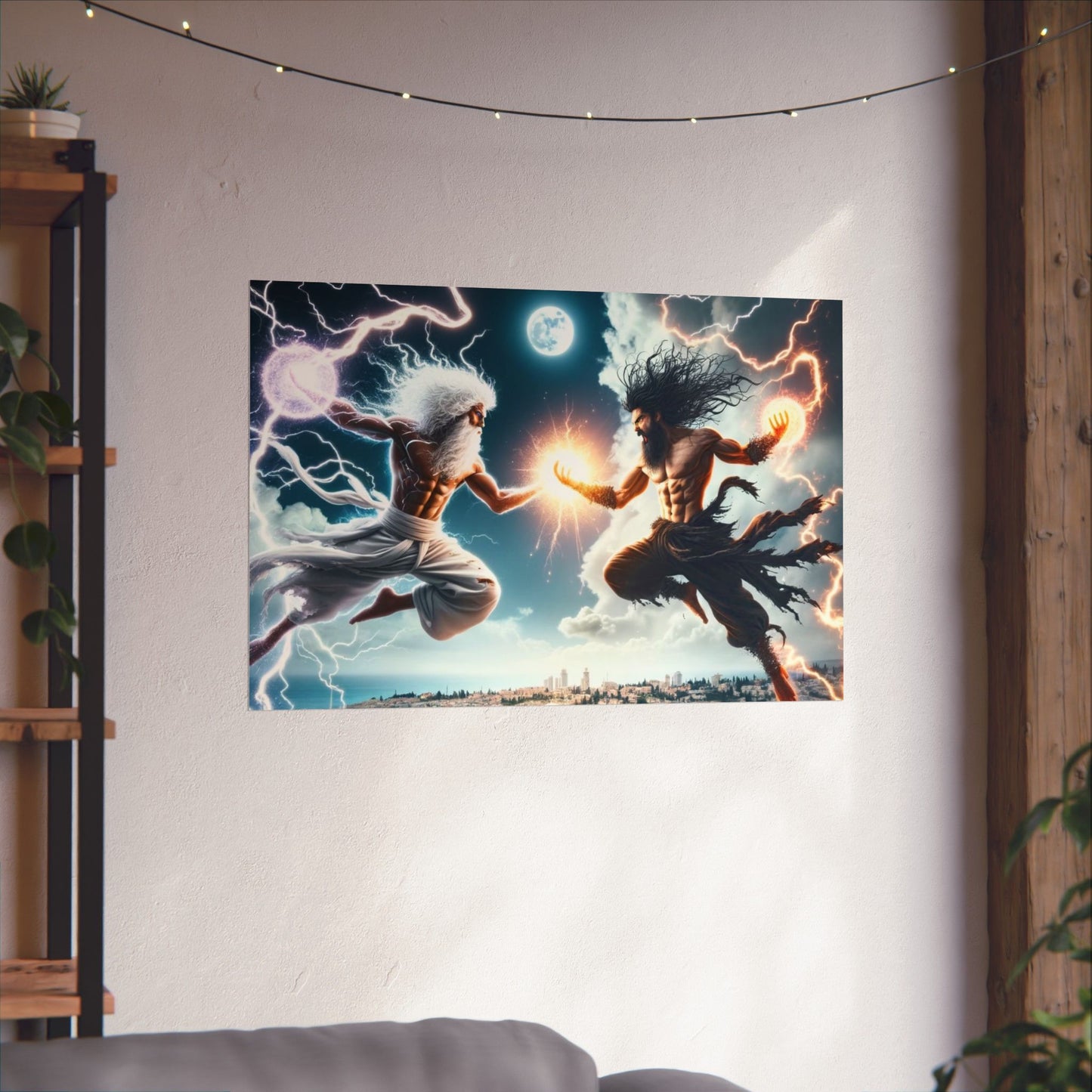 The Divine Duel III Poster hung on a neutral wall, showcasing its intense battle scene as a statement art piece.