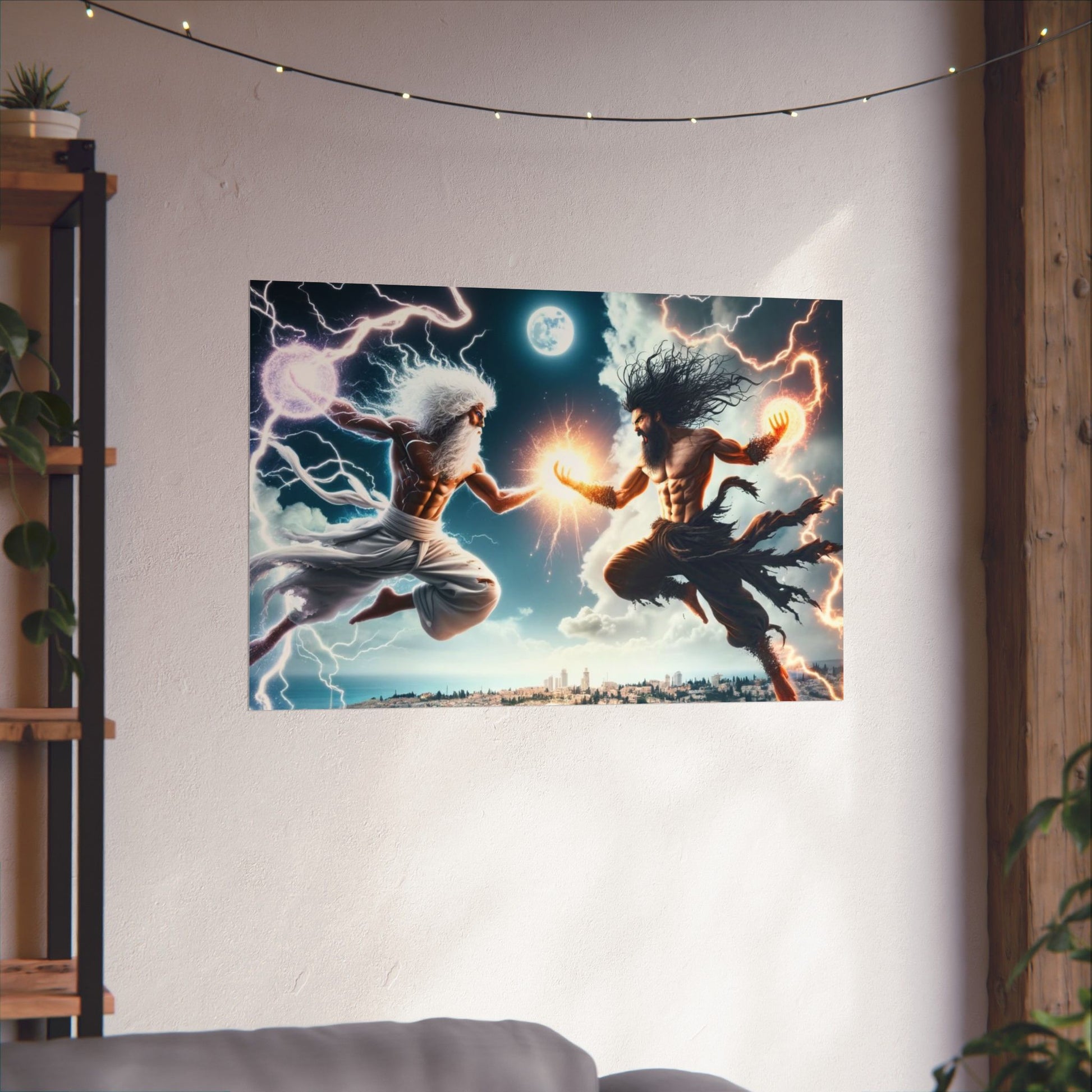 The Divine Duel III Poster hung on a neutral wall, showcasing its intense battle scene as a statement art piece.