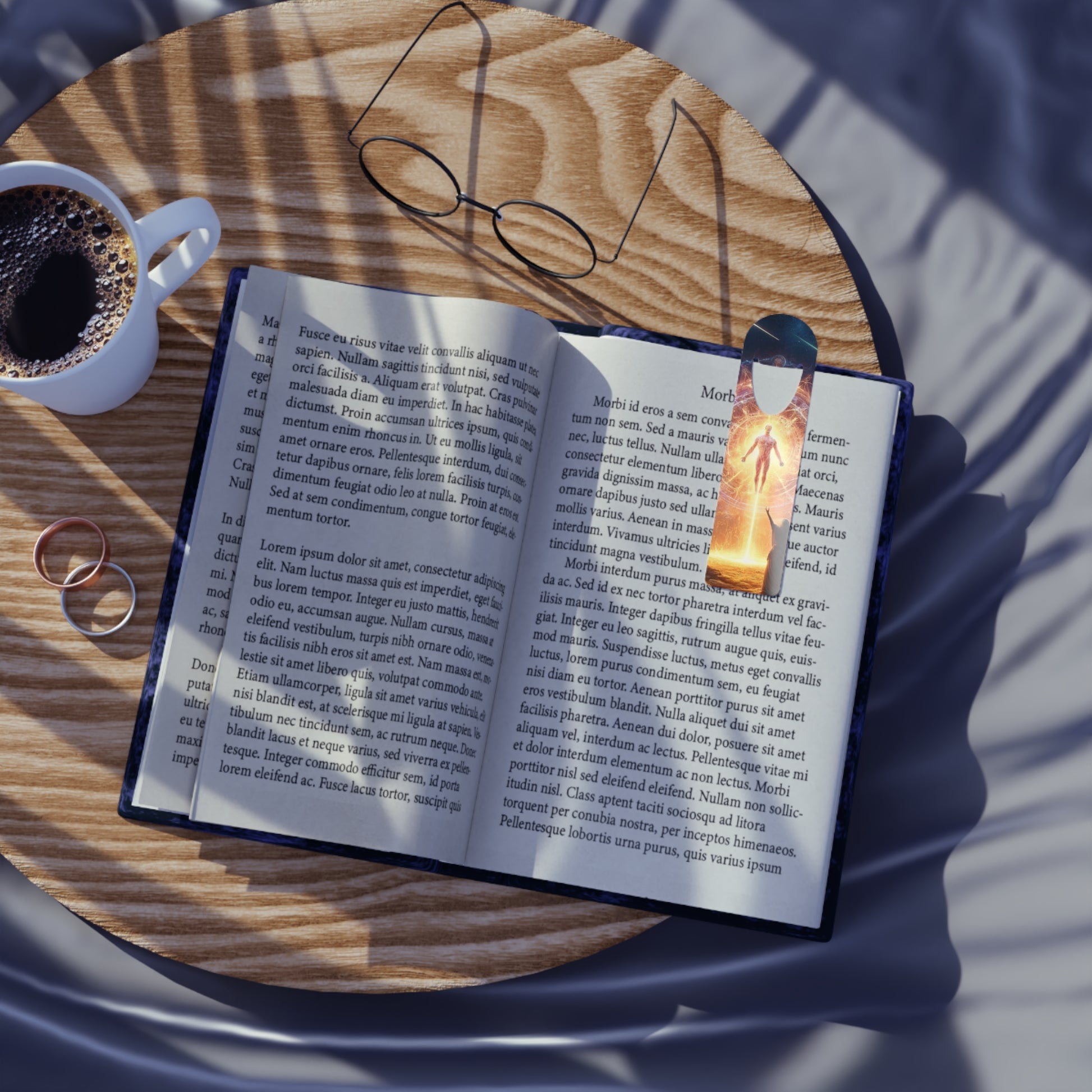 The Divine One Bookmark resting on a book on a desk, adding a touch of spirituality and inspiration.