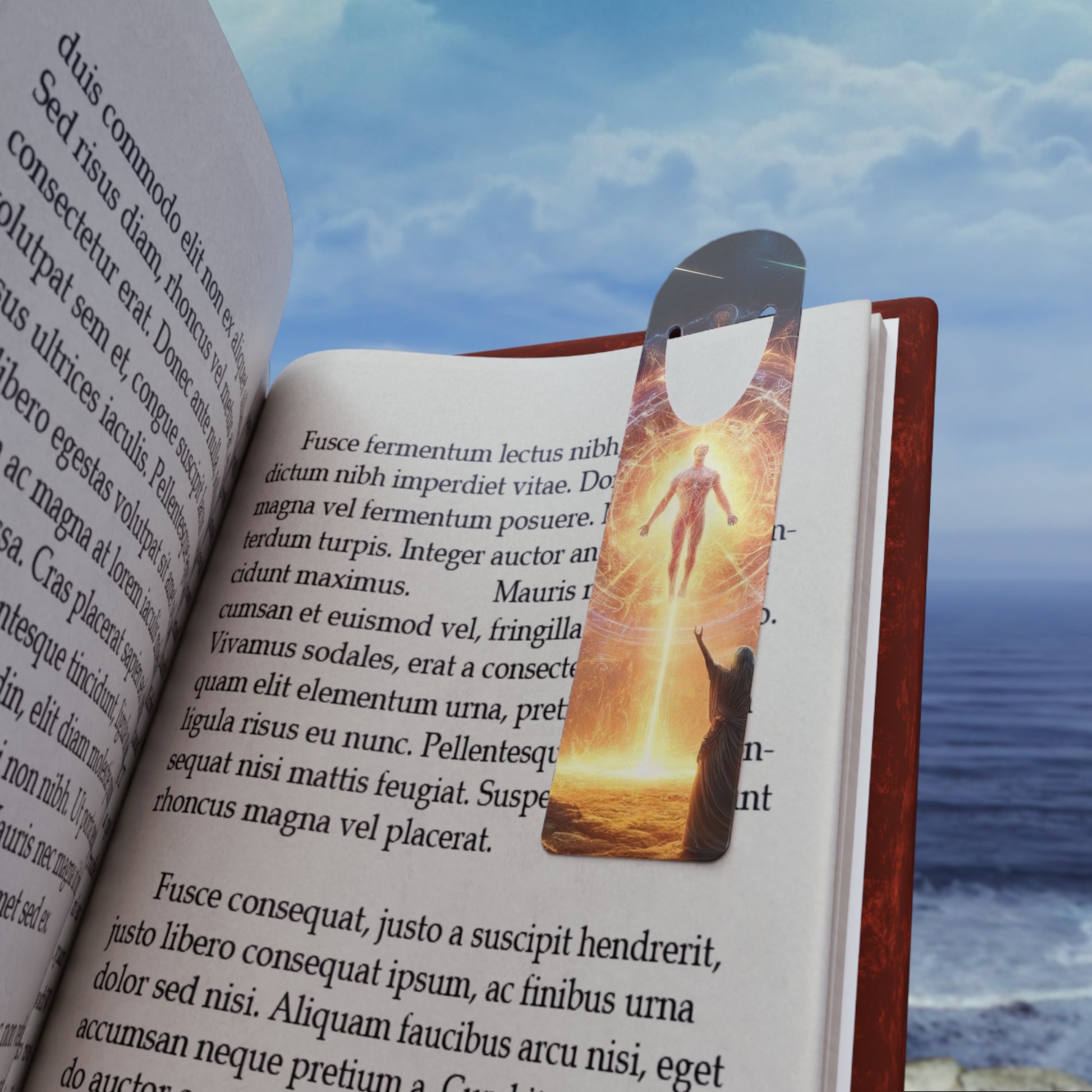 The Divine One Bookmark placed inside a book, marking a page with its stunning spiritual design.