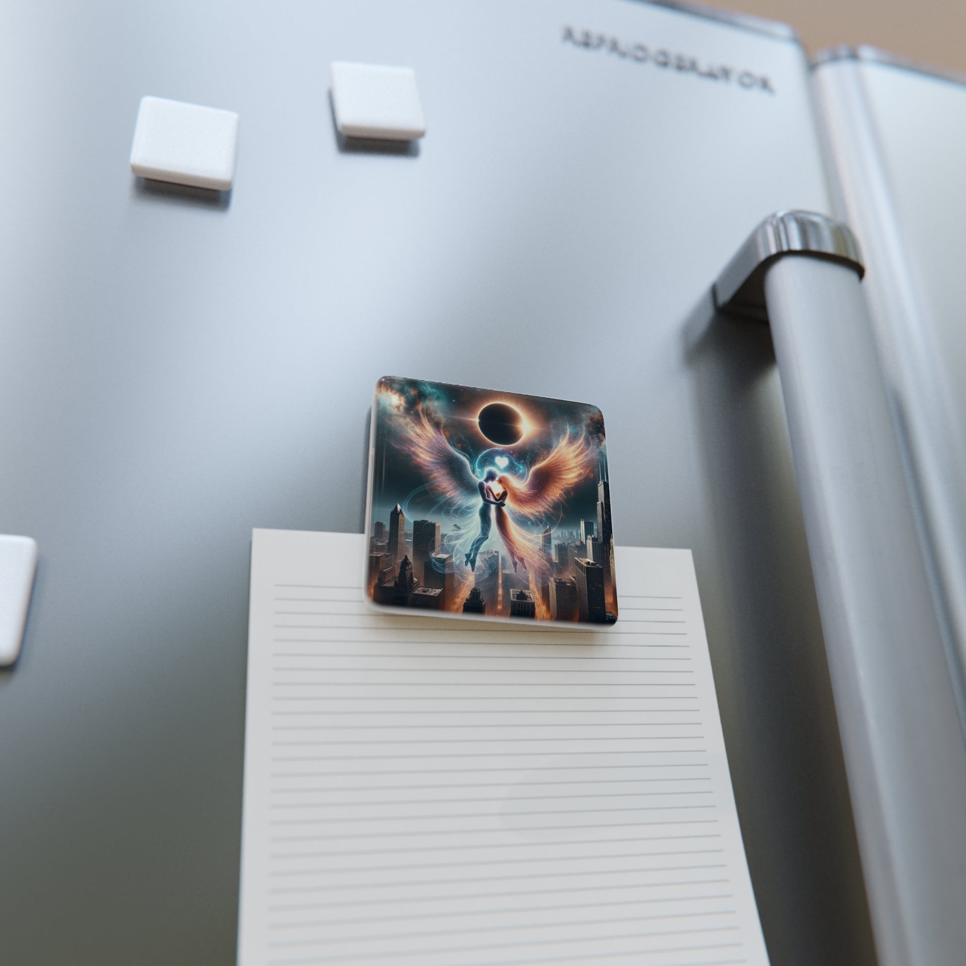 The Eternal Love Magnet on a refrigerator, securely holding a note while adding a touch of artistic charm.