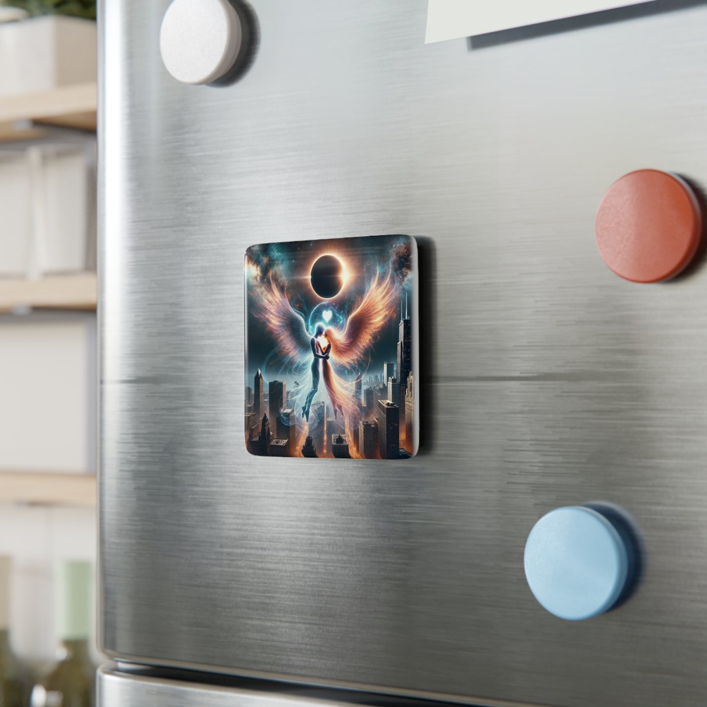 The Eternal Love Magnet attached to a metallic surface, adding inspiration and beauty to any space.