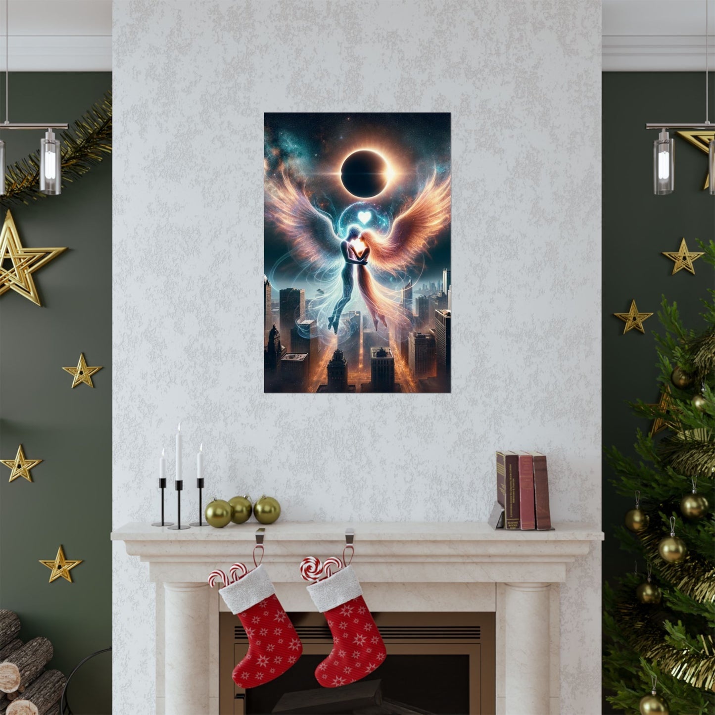 The Eternal Love Poster positioned above a fireplace, enhancing the space with its powerful message of love and unity.