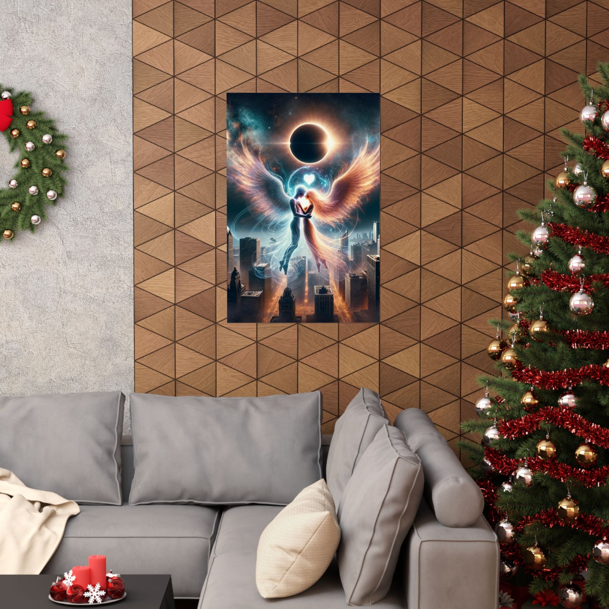 The Eternal Love Poster displayed above a couch, adding warmth and romantic elegance to modern living room decor.