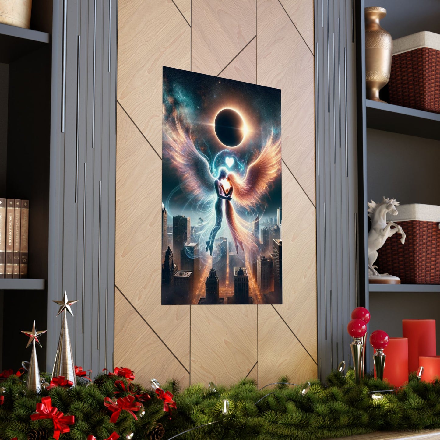 The Eternal Love Poster beautifully placed between two shelves, creating a cozy and meaningful atmosphere in any home.